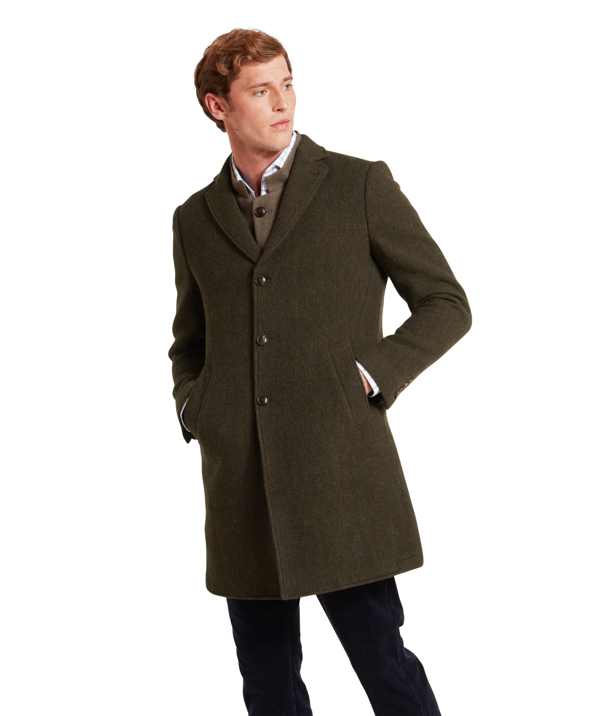 Banchory Tweed Coat - Dark Olive Herringbone Tweed - Image 3