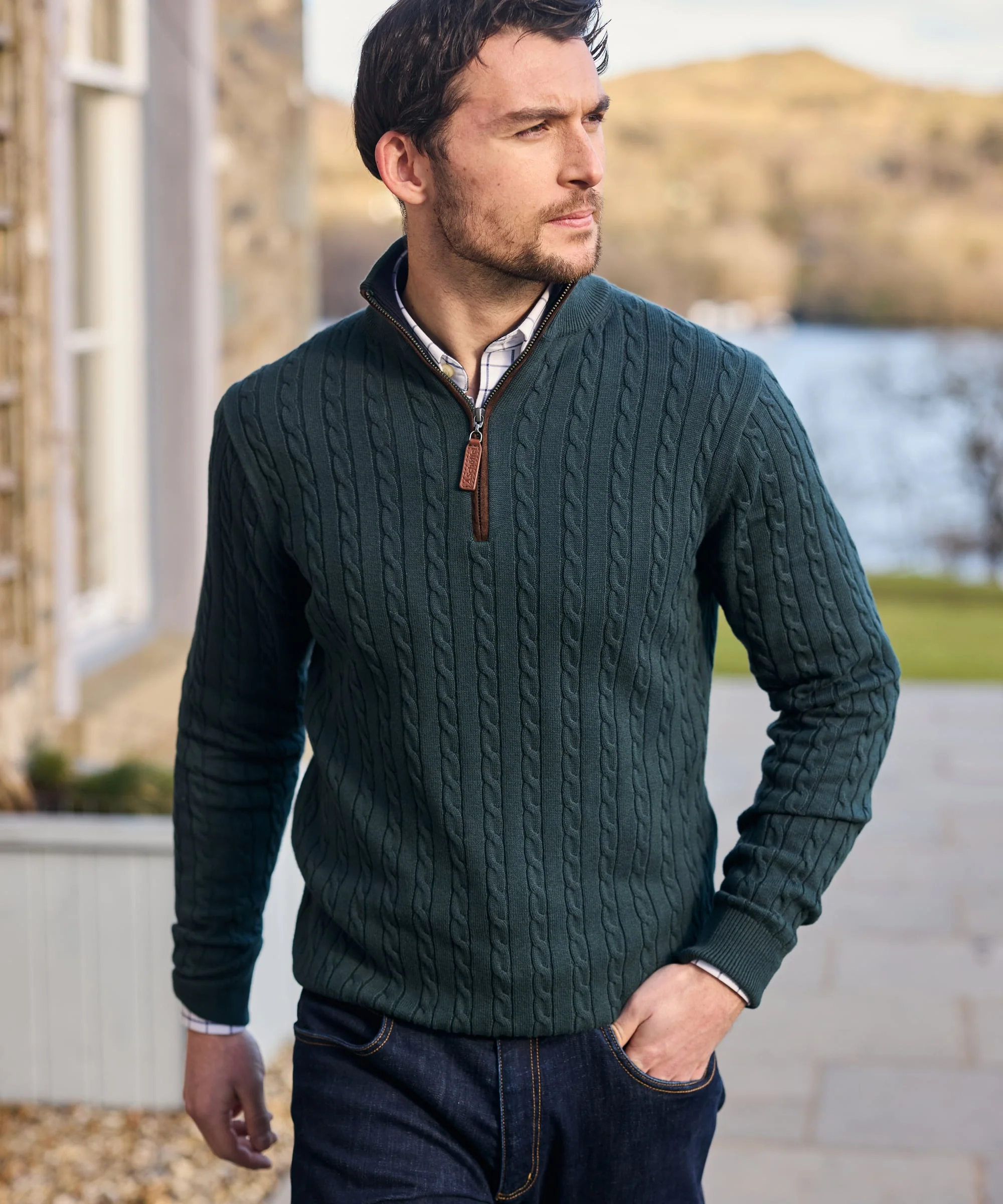 Calton Cotton Cashmere Cable Quarter Zip Jumper - Botanical Green - Image 2