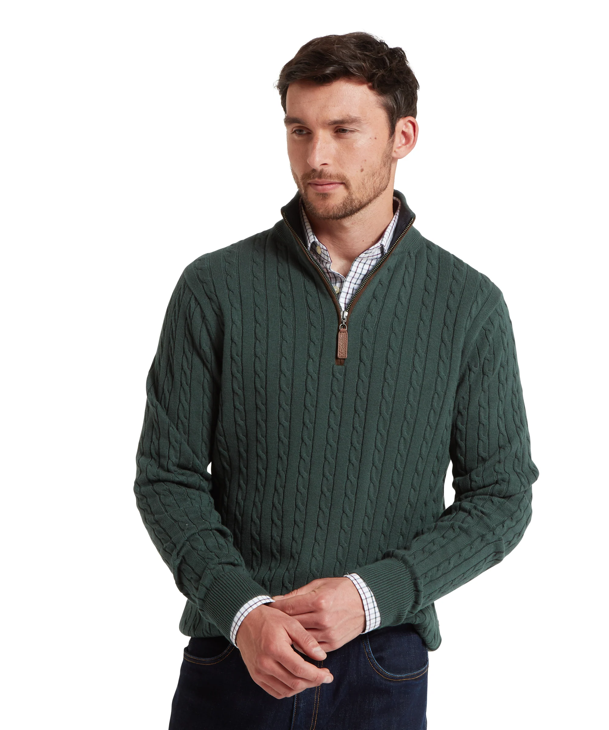 Calton Cotton Cashmere Cable Quarter Zip Jumper - Botanical Green - Image 3