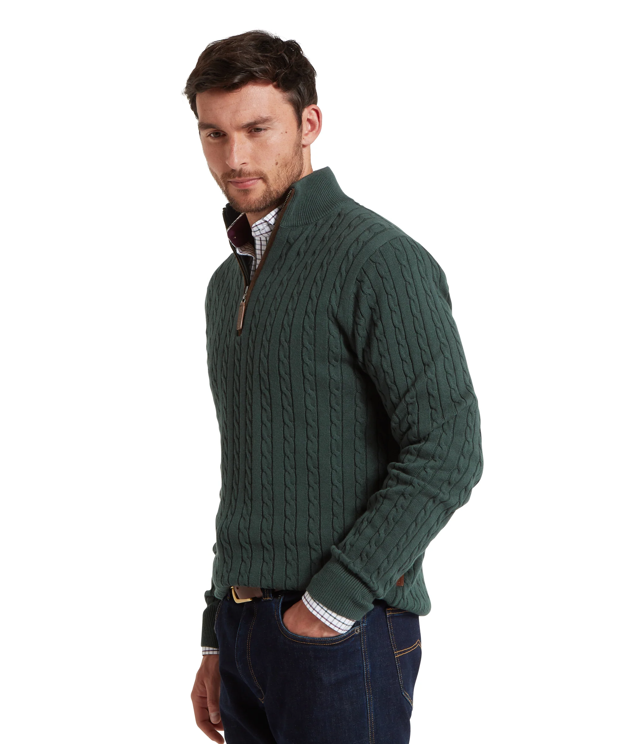 Calton Cotton Cashmere Cable Quarter Zip Jumper - Botanical Green - Image 5