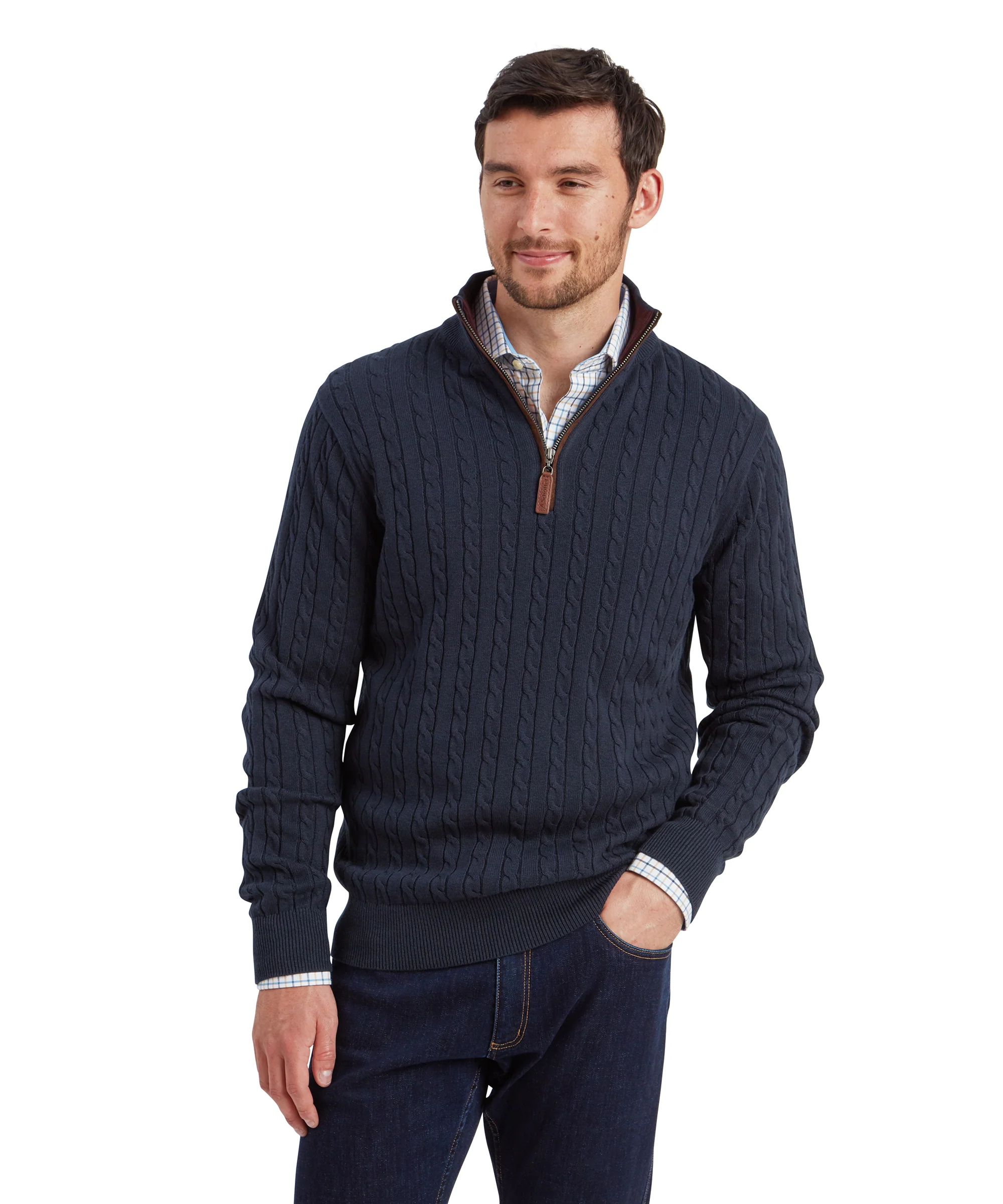 Calton Cotton Cashmere Cable Quarter Zip Jumper - Petrol Blue - Image 2