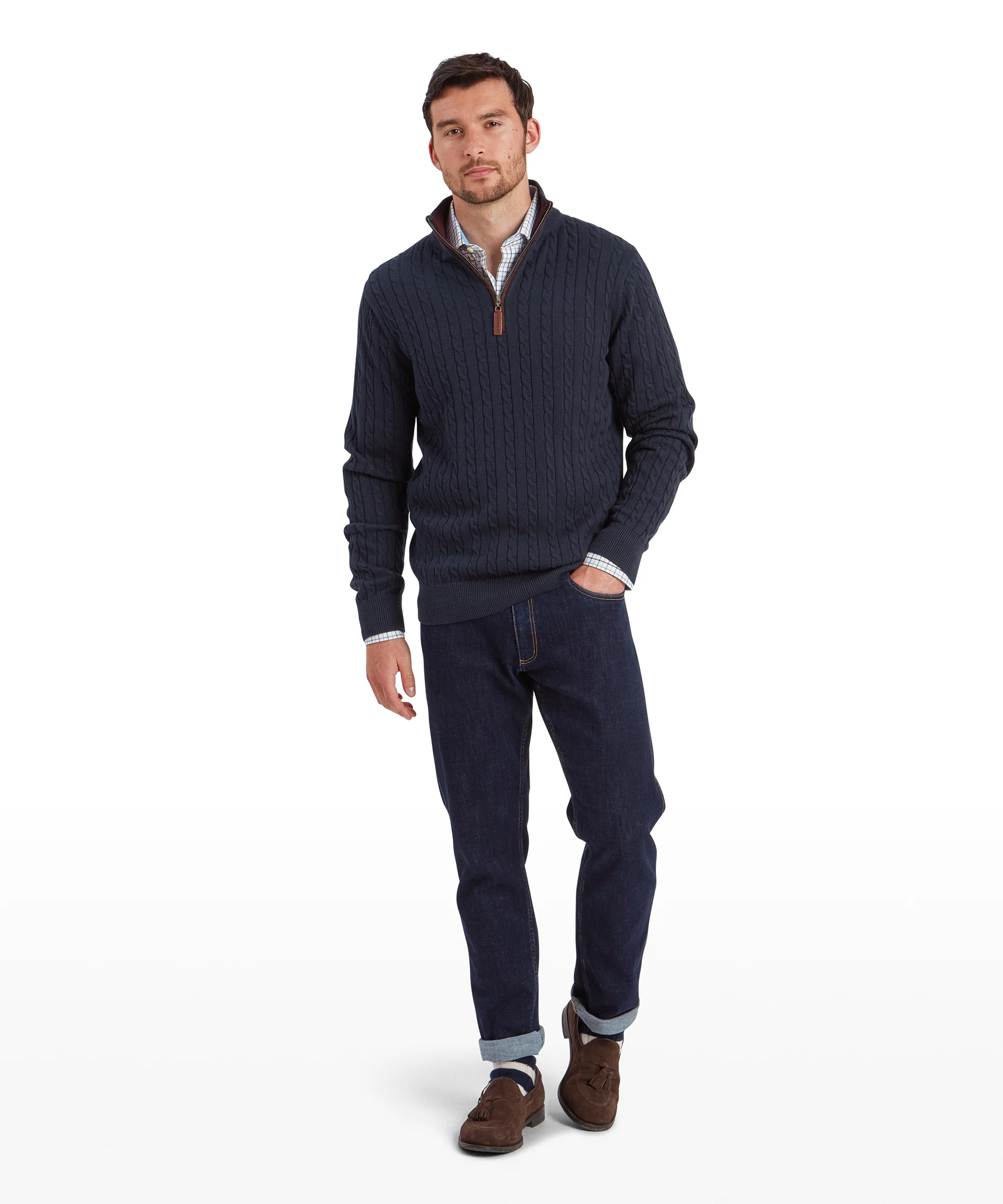 Calton Cotton Cashmere Cable Quarter Zip Jumper - Petrol Blue - Image 3