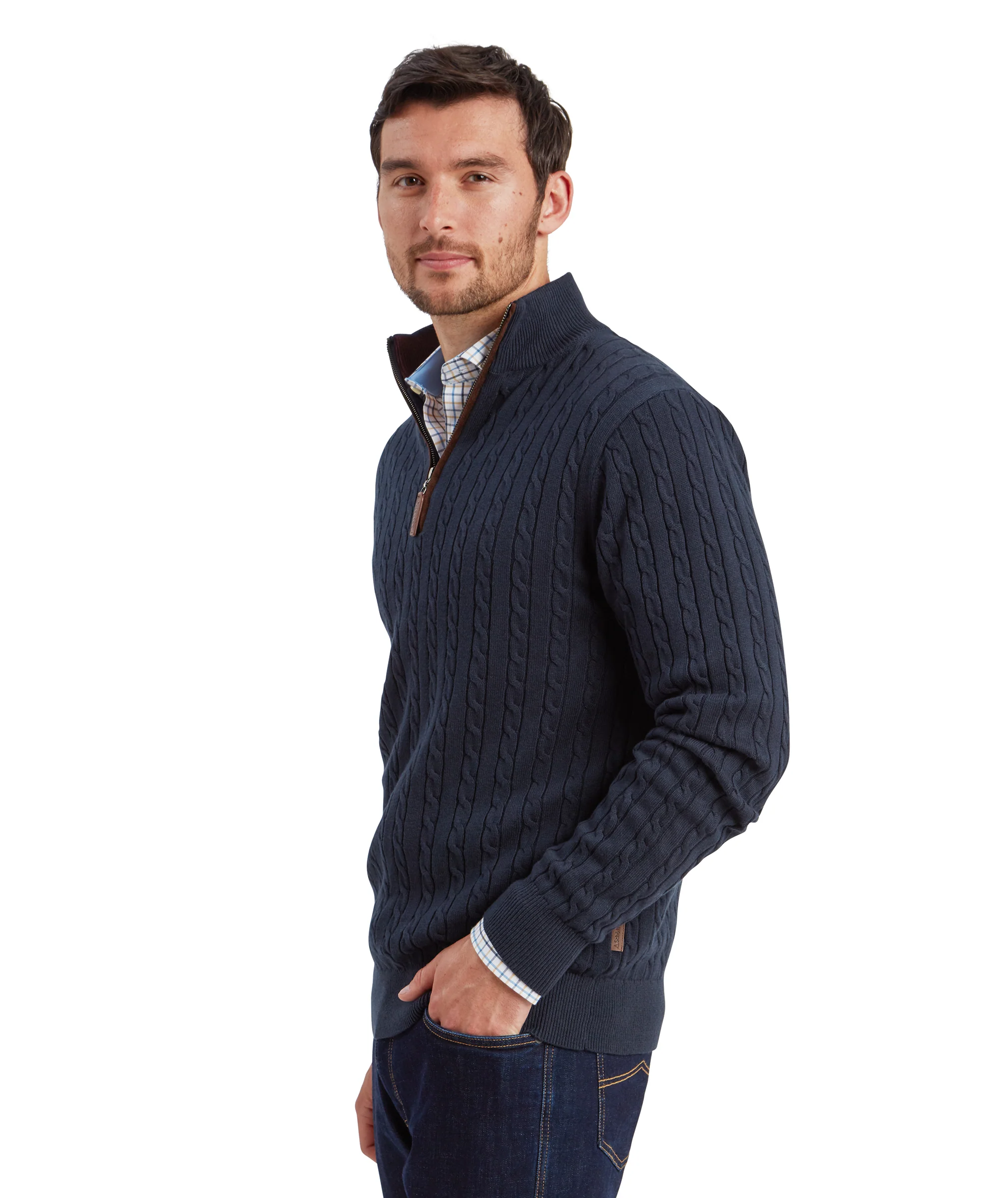 Calton Cotton Cashmere Cable Quarter Zip Jumper - Petrol Blue - Image 4