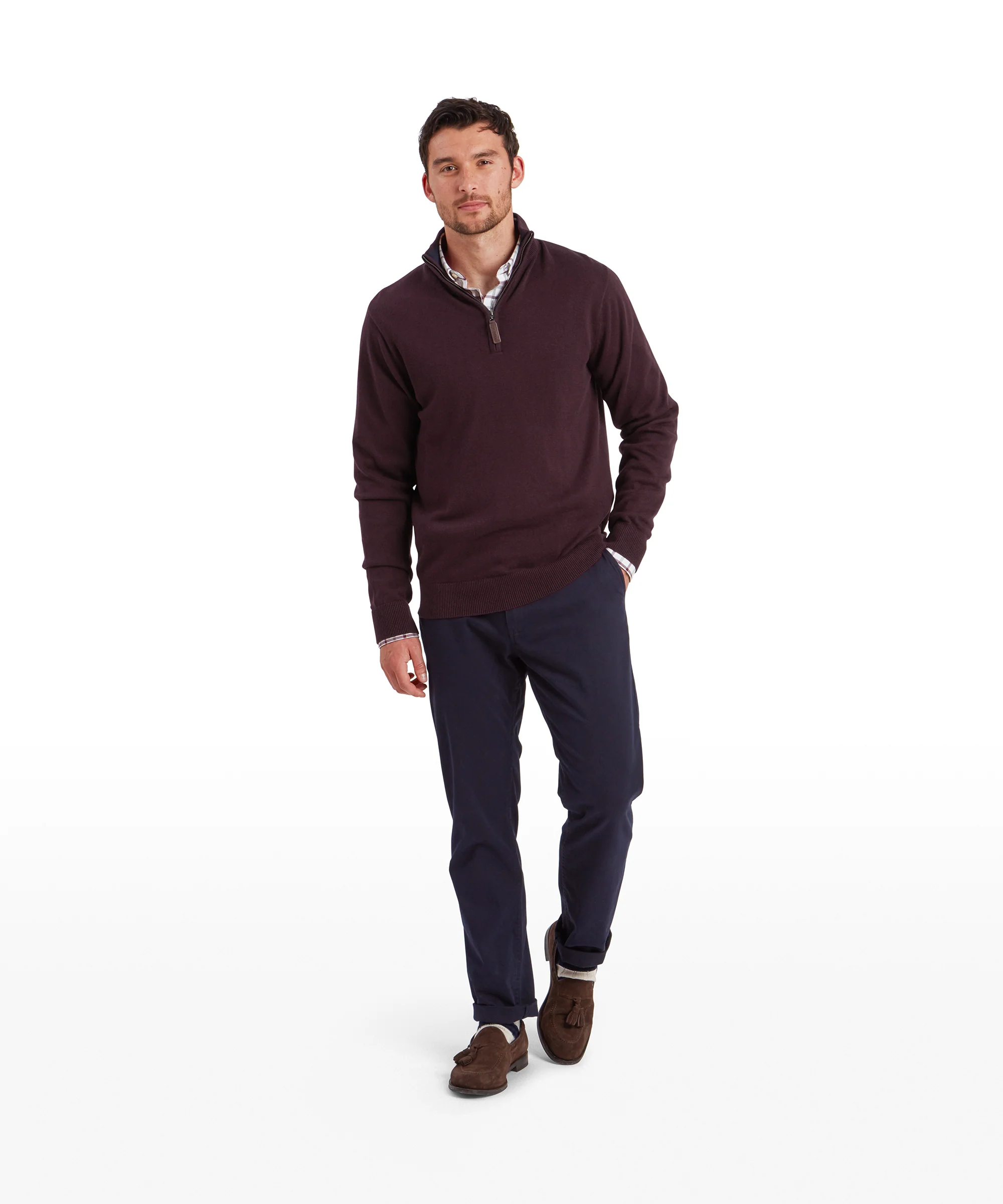 Calton Cotton Cashmere Quarter Zip Jumper - Wine - Image 3