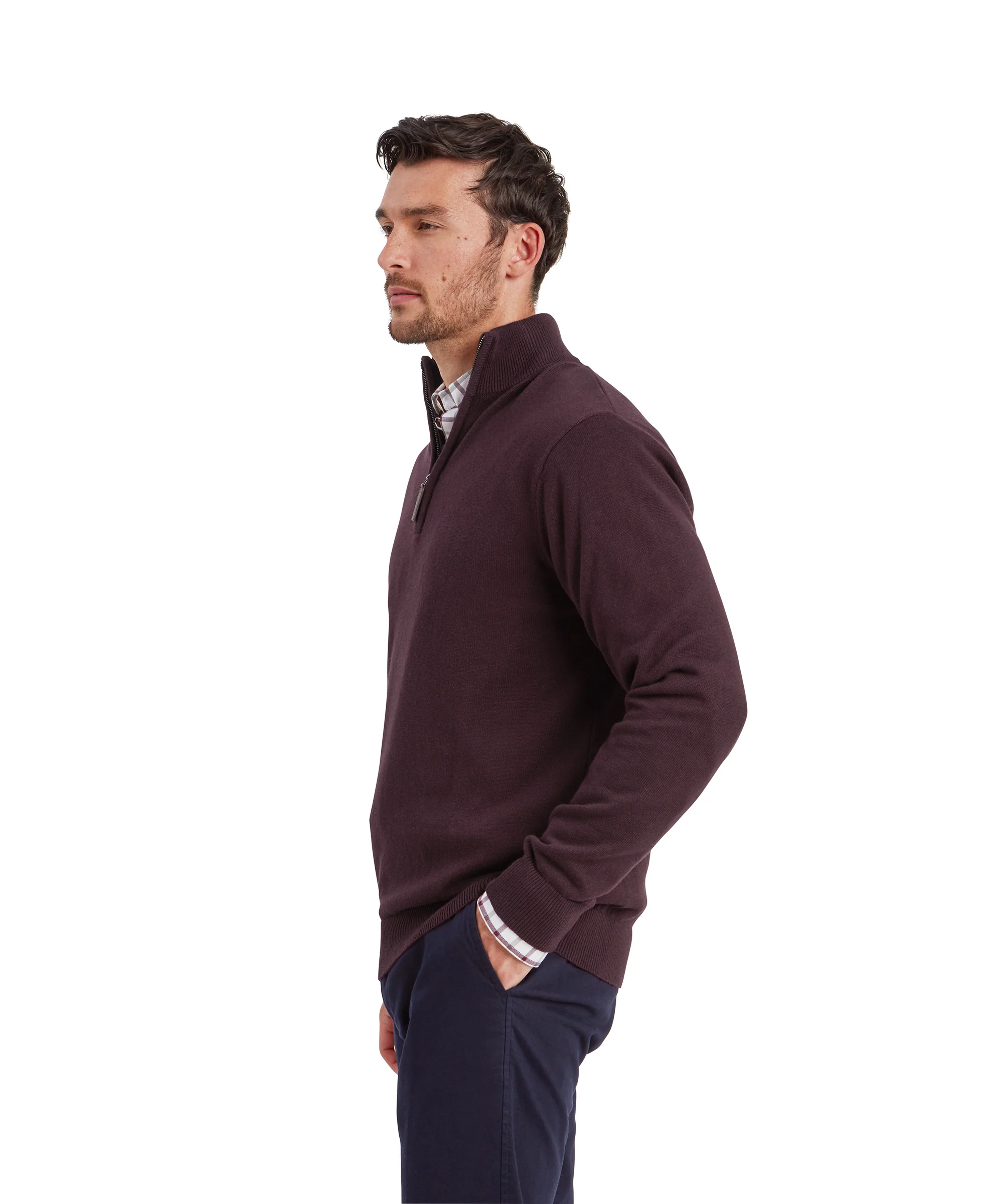 Calton Cotton Cashmere Quarter Zip Jumper - Wine - Image 4