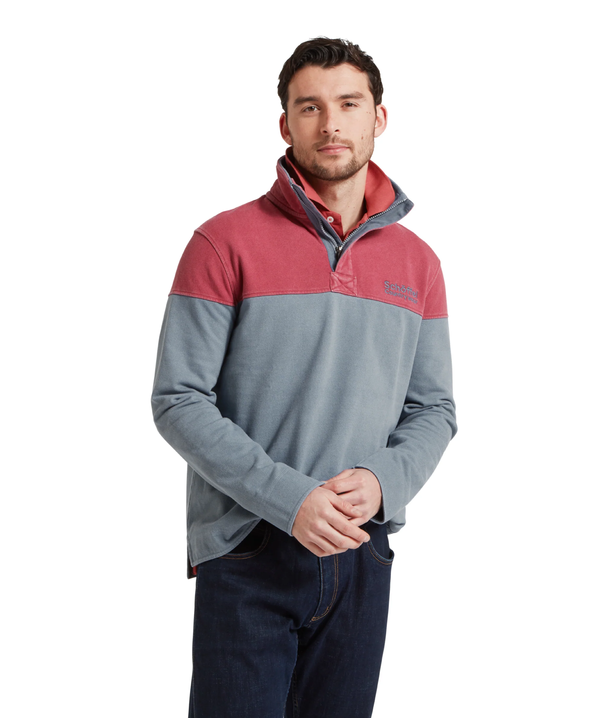 Helford Heritage Quarter Zip Sweatshirt - Slate Red/Dark Pigeon Blue - Image 2