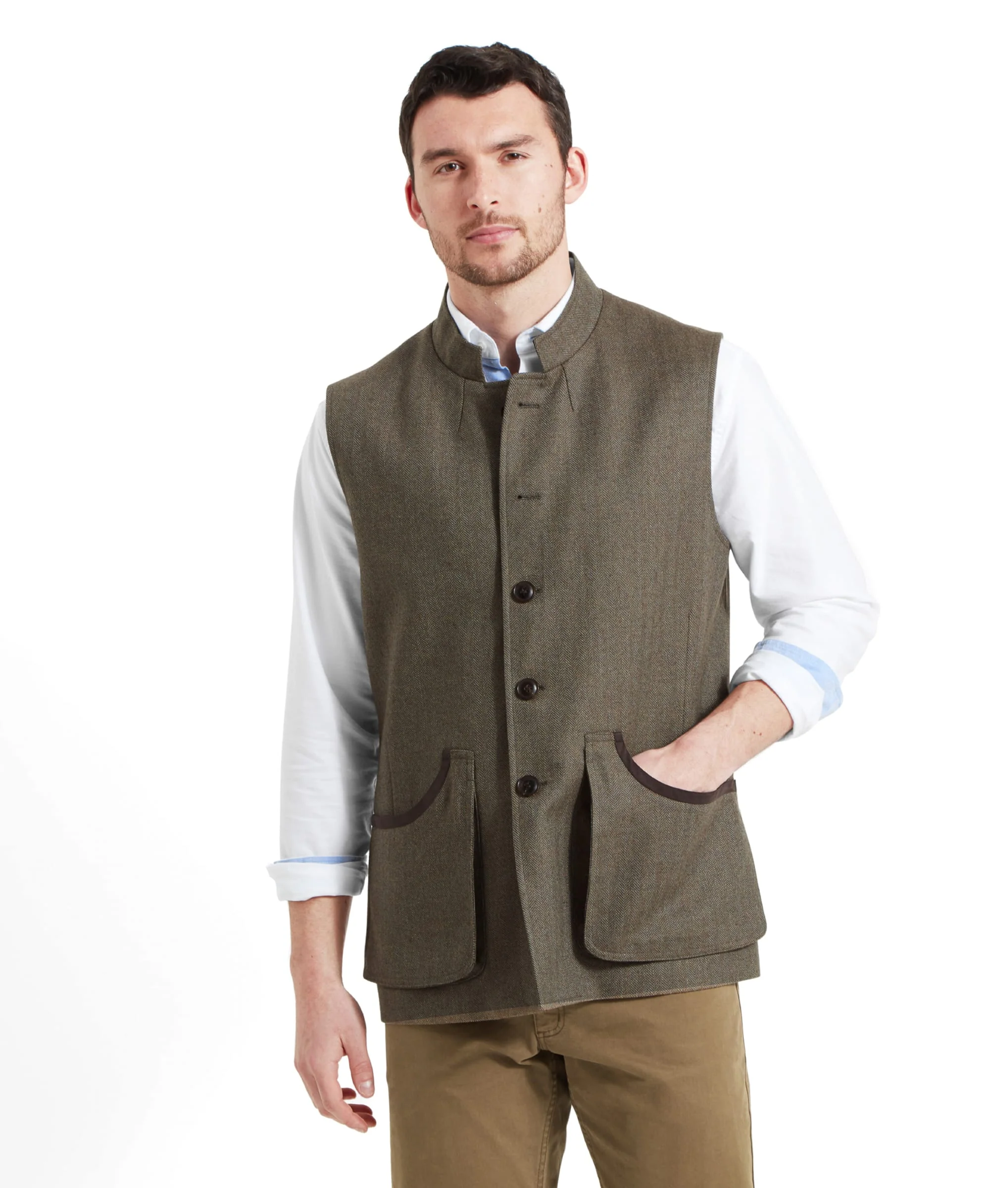 Holcot Tweed Waistcoat - Loden Green Herringbone Tweed - Image 2