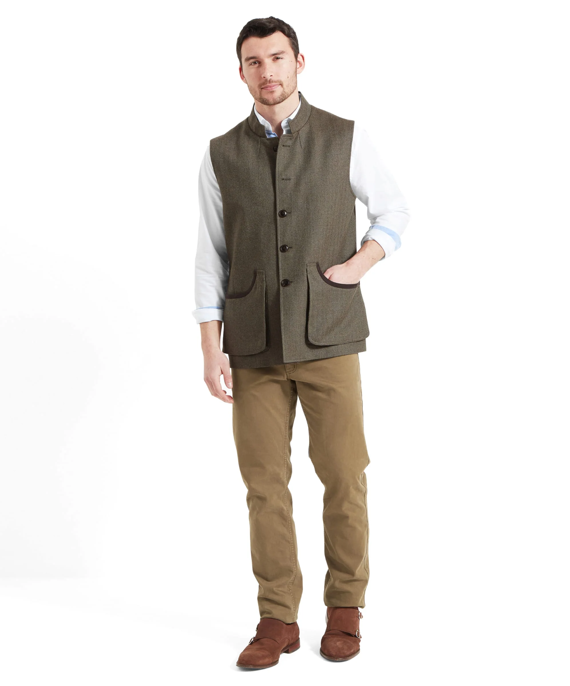 Holcot Tweed Waistcoat - Loden Green Herringbone Tweed - Image 3