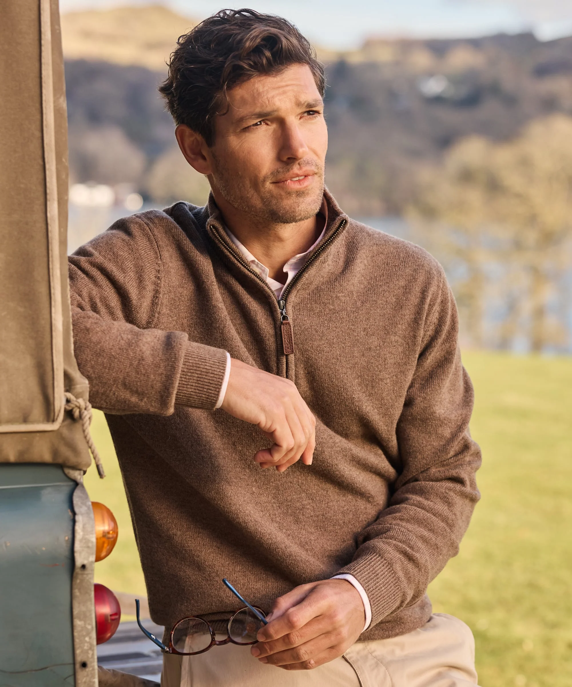 Lewis Lambswool Quarter Zip Jumper - Mushroom - Image 2