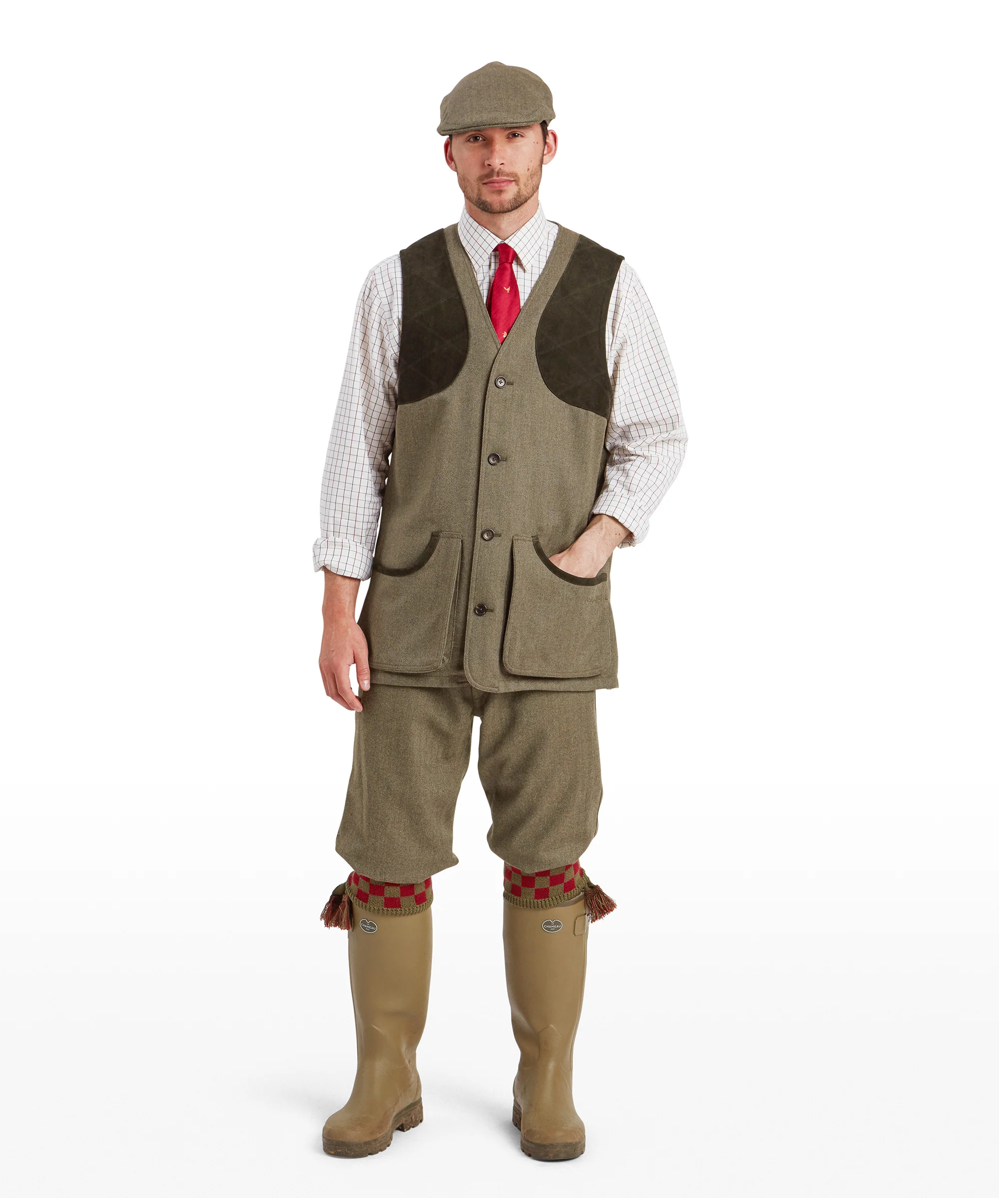 Ptarmigan Tweed Waistcoat II - Loden Green Herringbone Tweed - Image 3