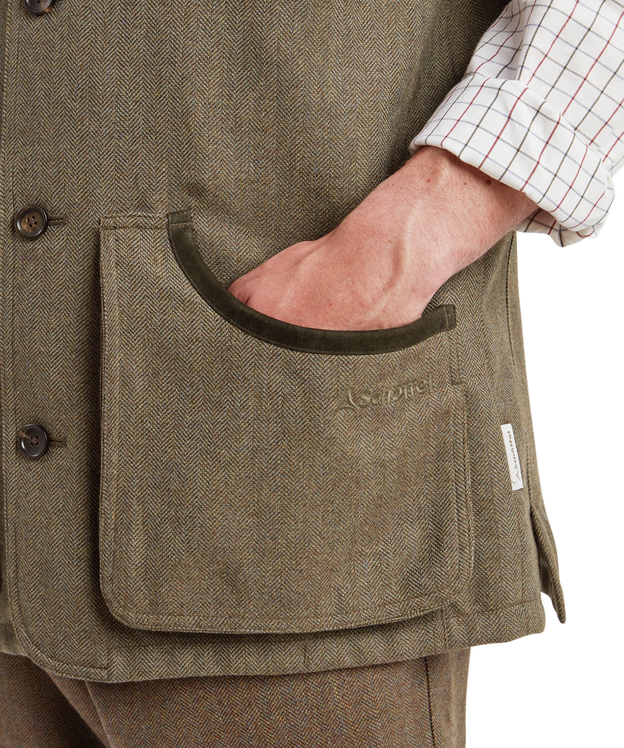 Ptarmigan Tweed Waistcoat II - Loden Green Herringbone Tweed - Image 6