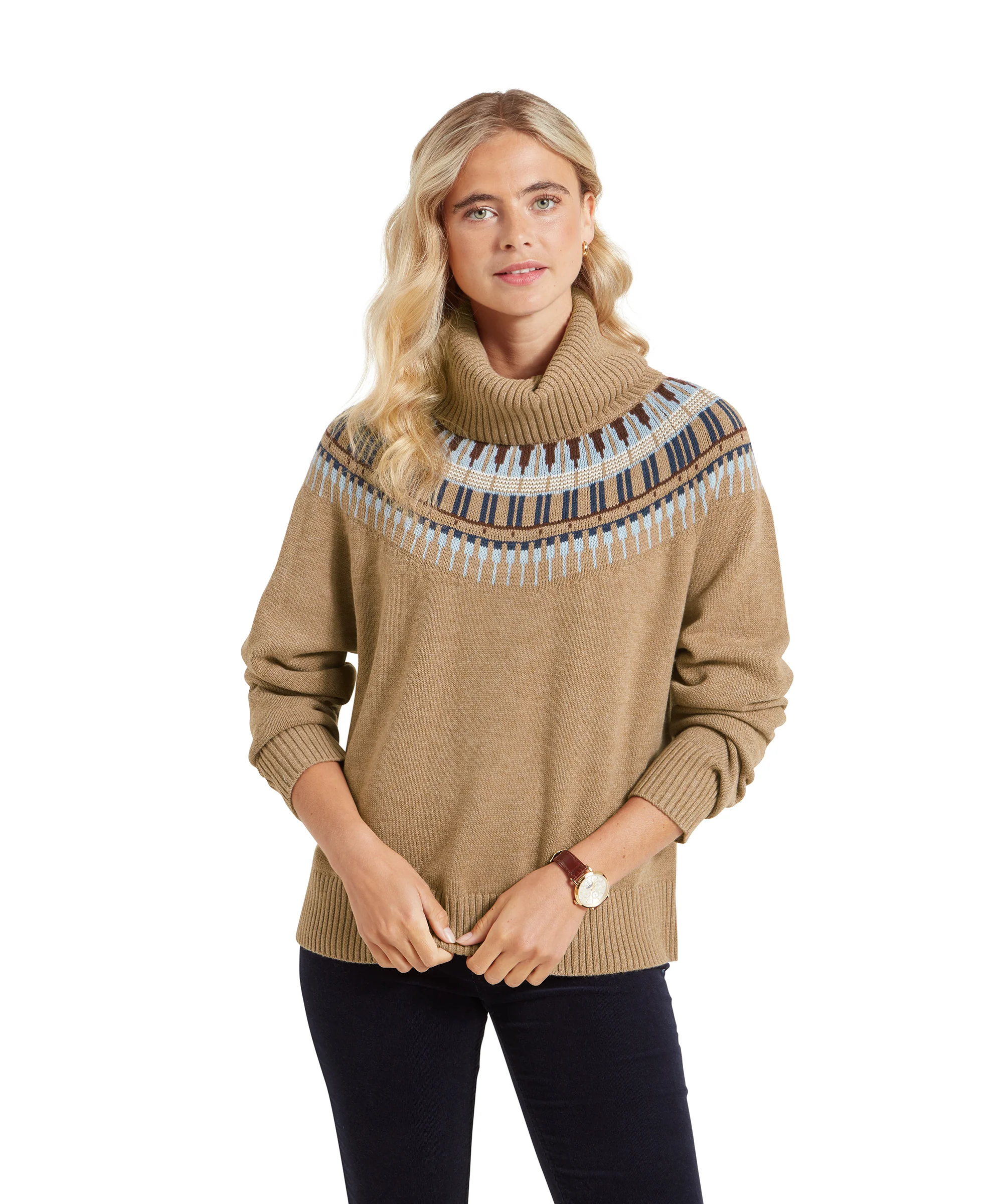 Filey Fairisle Roll Neck Jumper - Warm Sand - Image 2