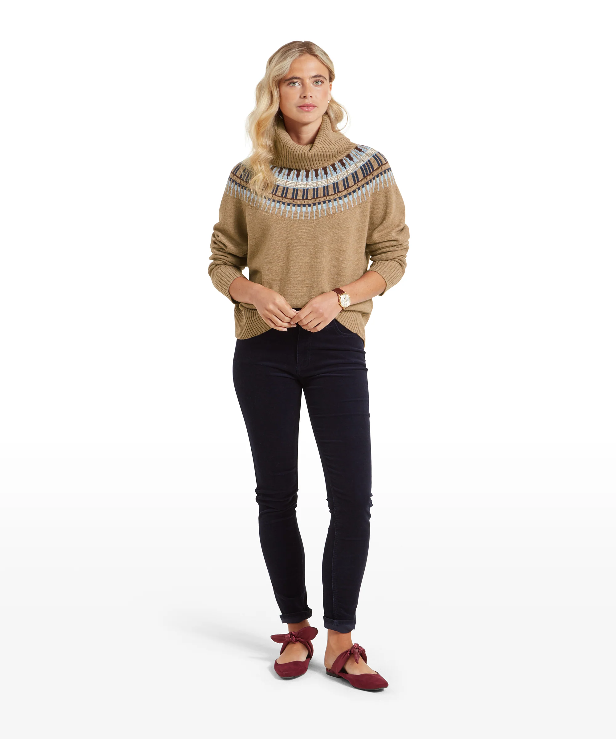 Filey Fairisle Roll Neck Jumper - Warm Sand - Image 3