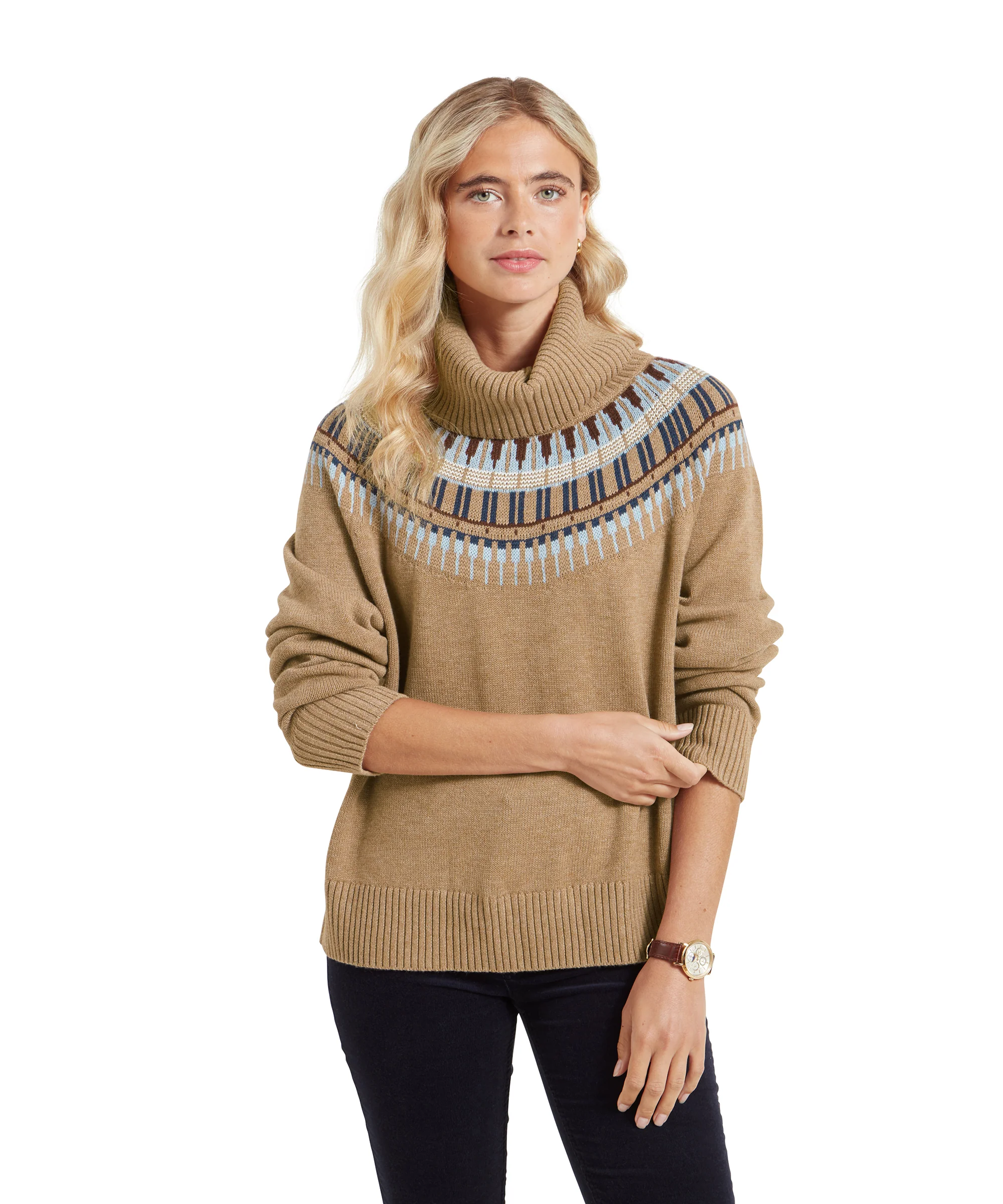 Filey Fairisle Roll Neck Jumper - Warm Sand - Image 7