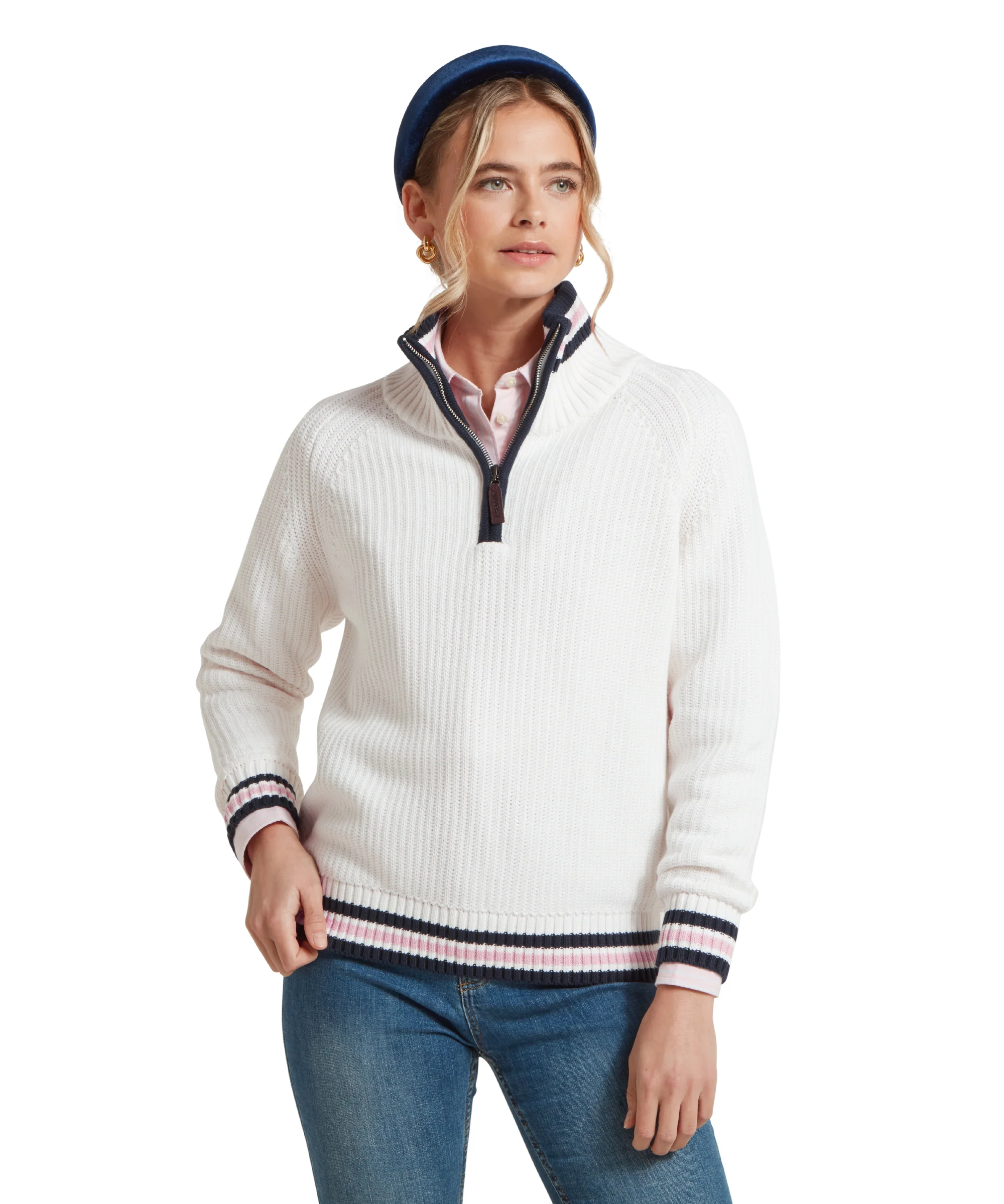 Havelet Bay Quarter Zip Jumper - Soft White/Blush - Image 2