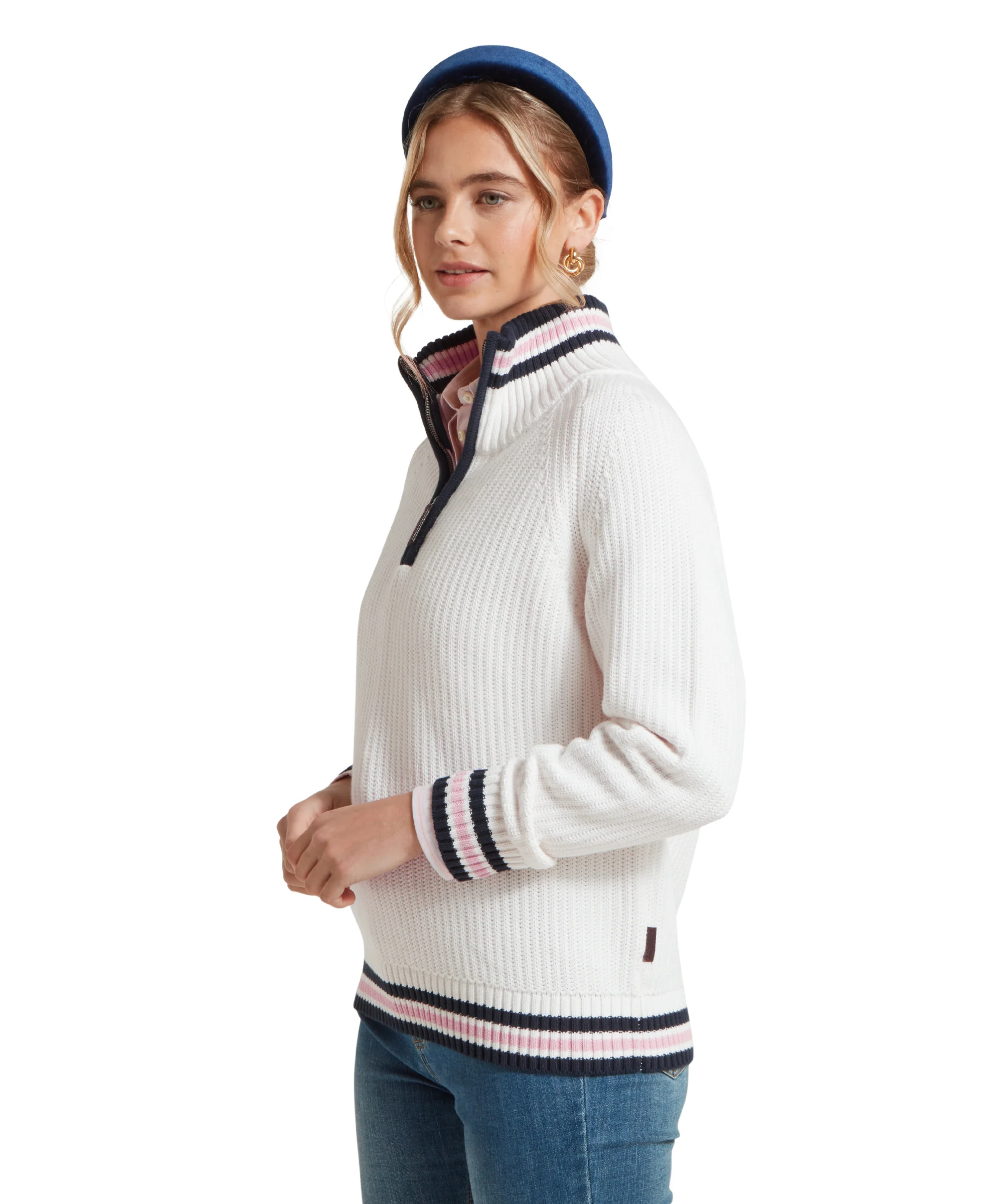 Havelet Bay Quarter Zip Jumper - Soft White/Blush - Image 4