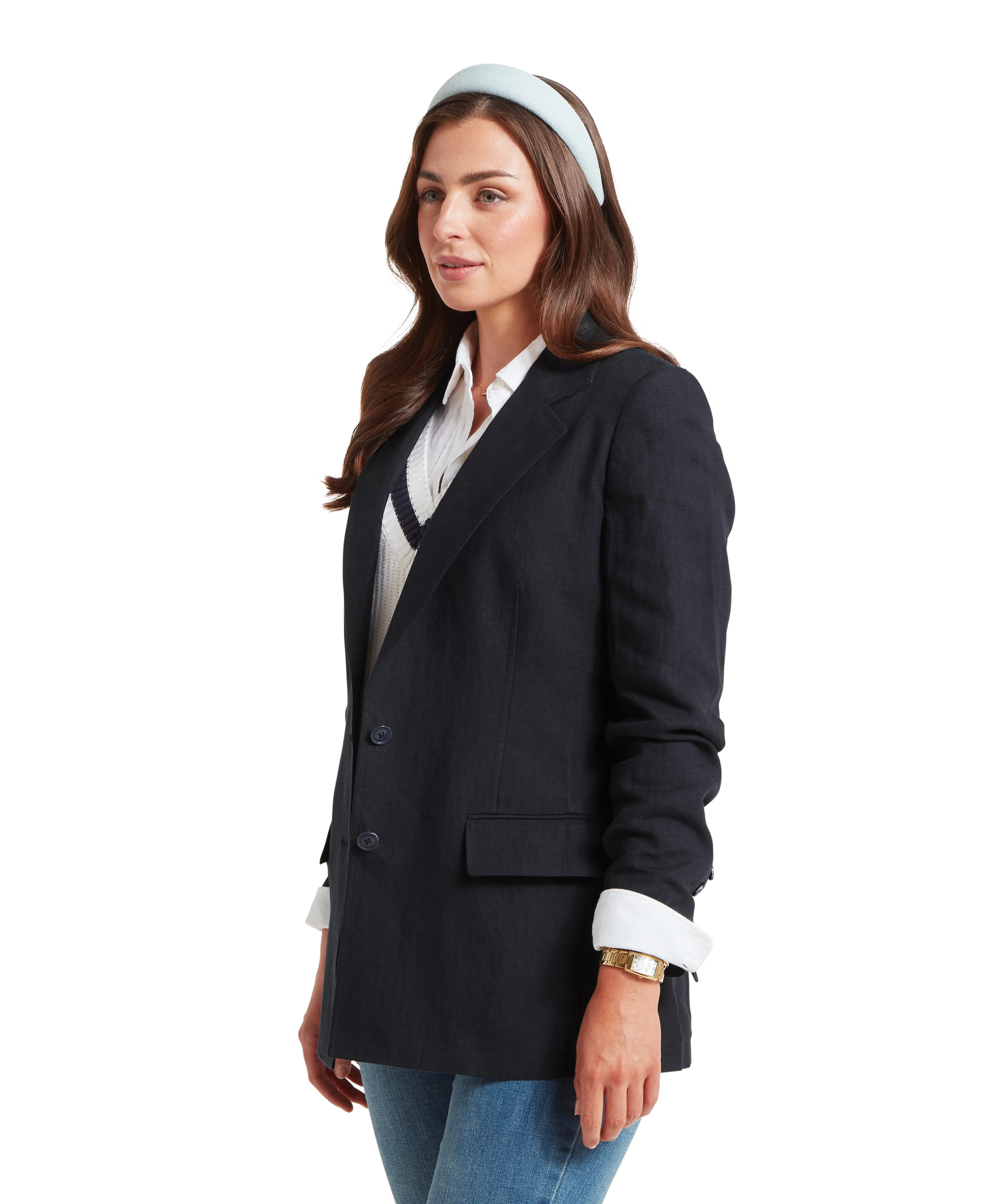 Henley Linen Blazer - Navy - Image 4
