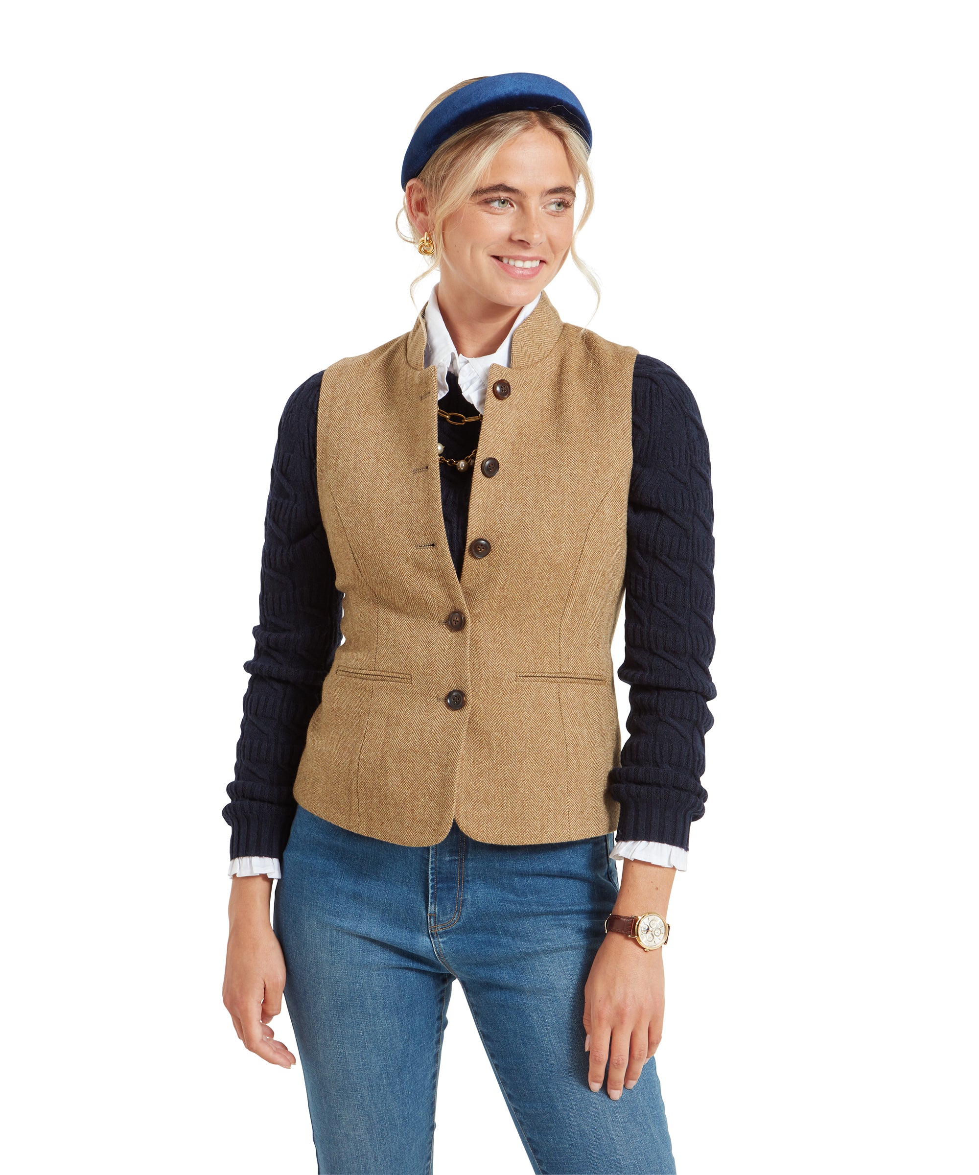 Millport Tweed Nehru Waistcoat - Oak Herringbone Tweed - Image 2