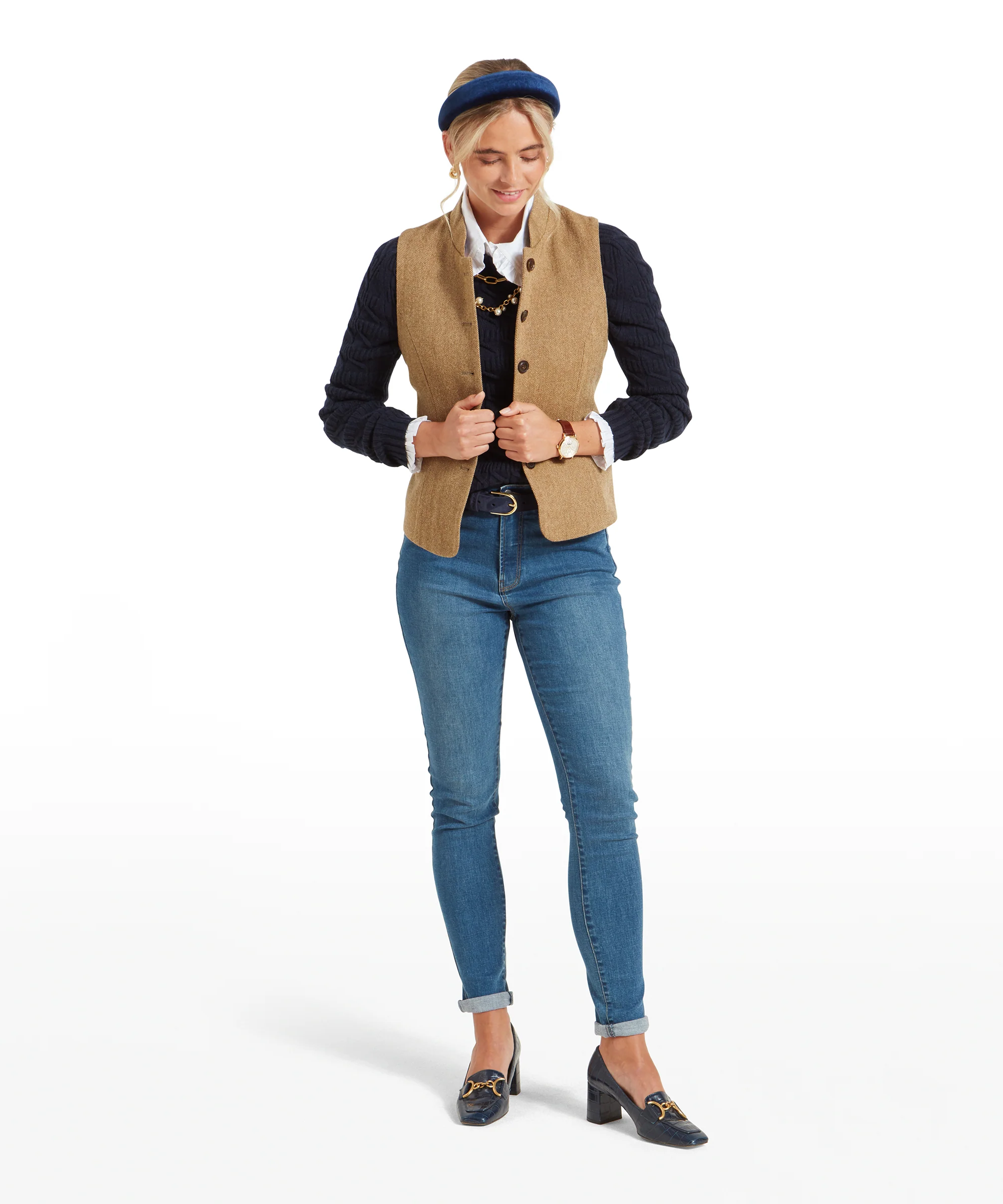 Millport Tweed Nehru Waistcoat - Oak Herringbone Tweed - Image 3