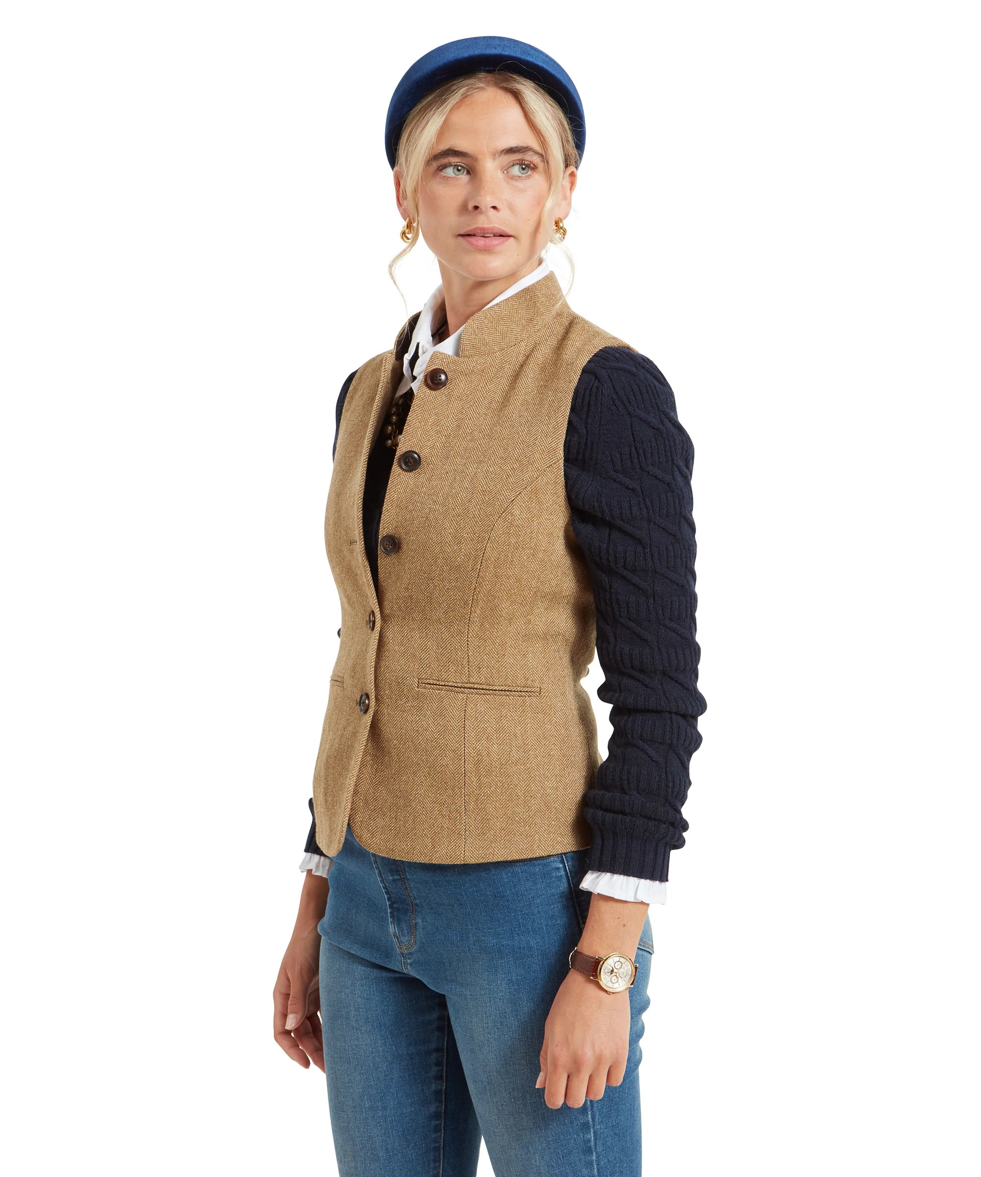 Millport Tweed Nehru Waistcoat - Oak Herringbone Tweed - Image 4