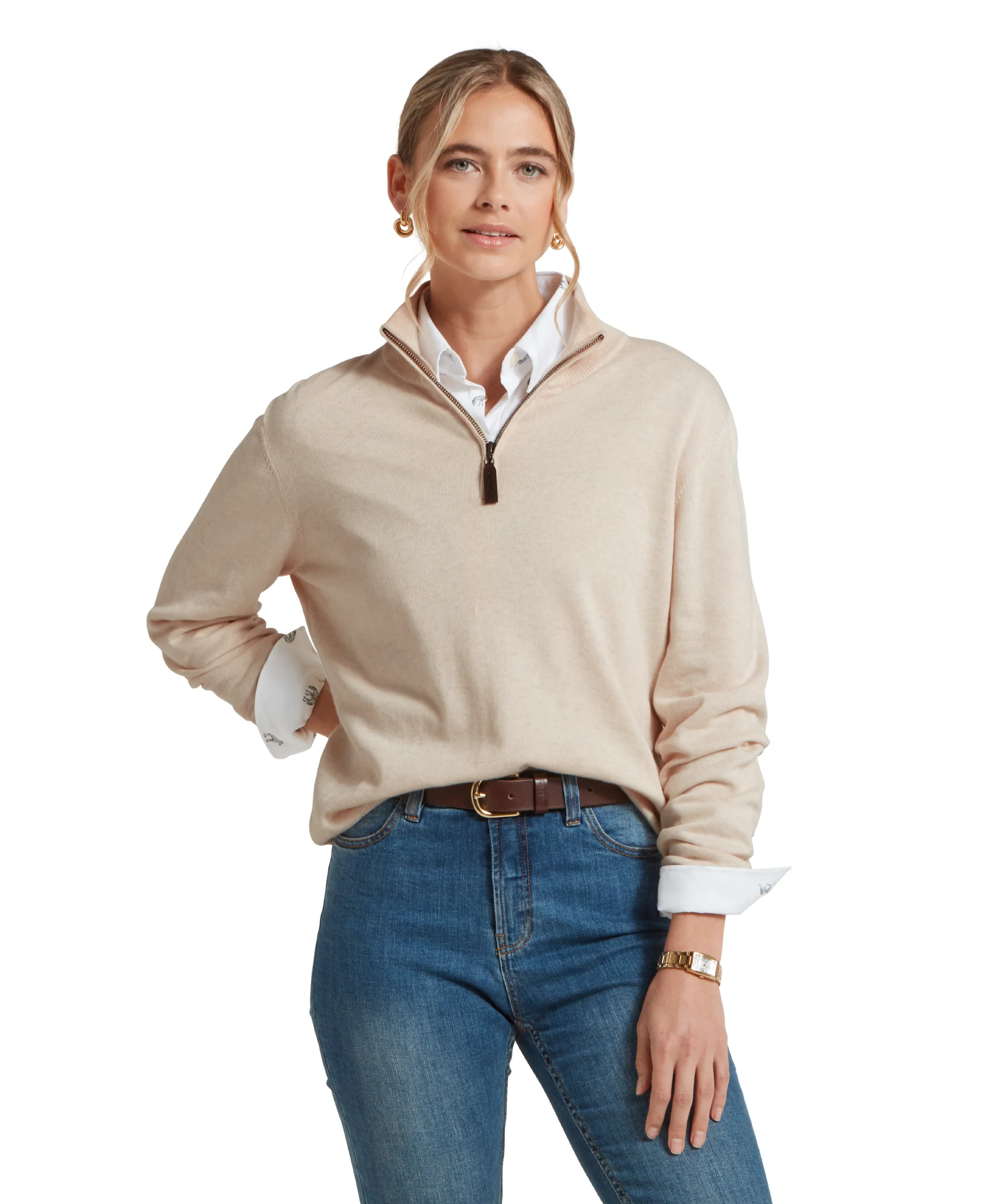 Polperro Pima Cotton Quarter Zip - Oat - Image 2