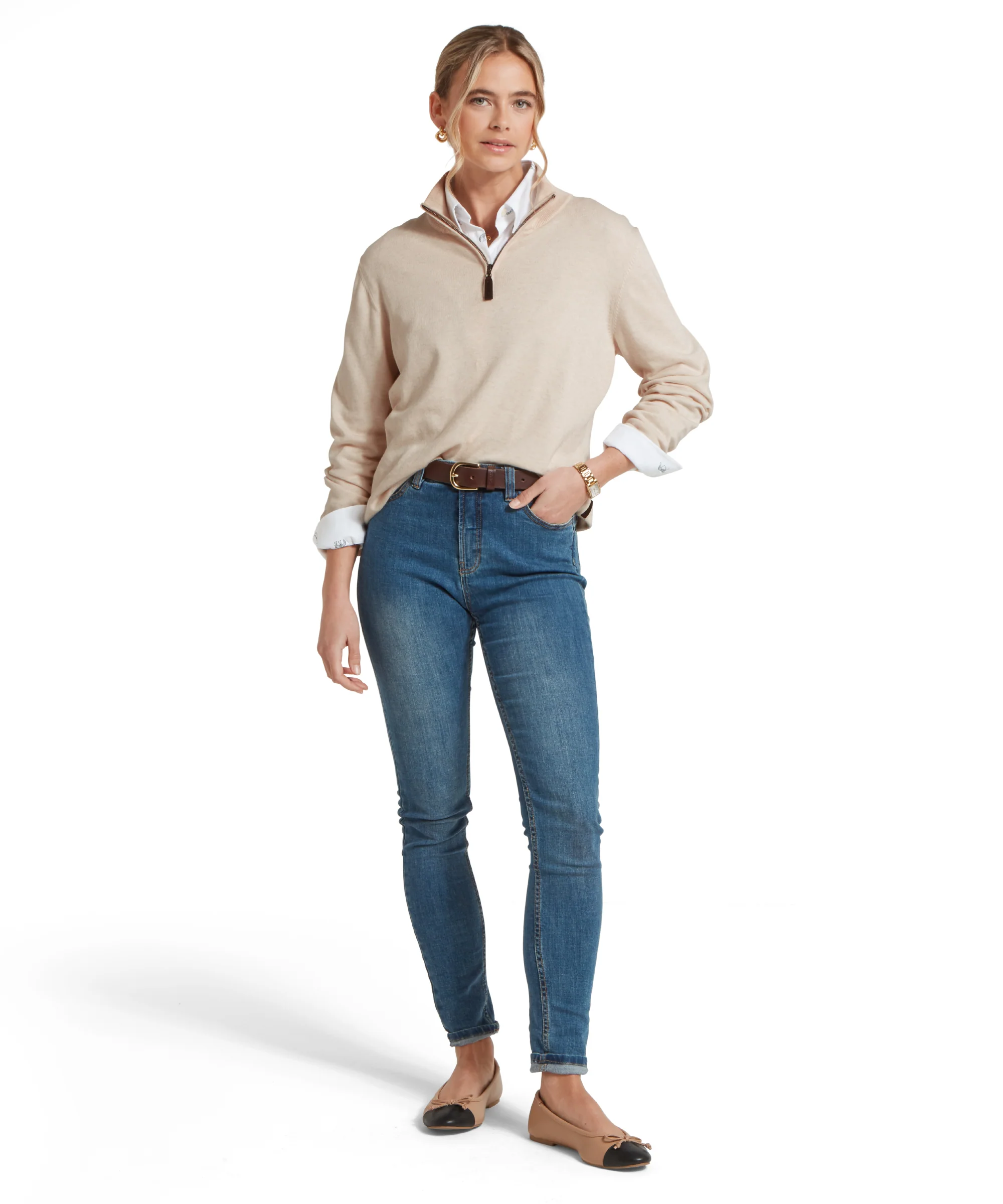 Polperro Pima Cotton Quarter Zip - Oat - Image 3