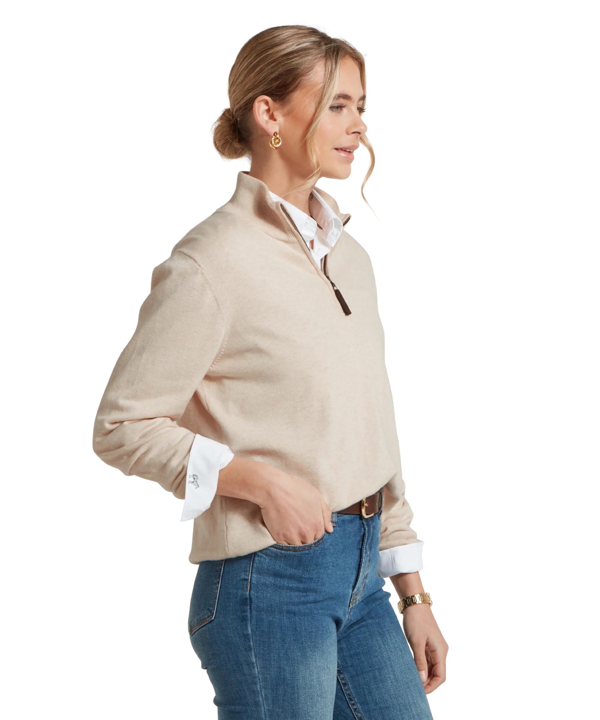 Polperro Pima Cotton Quarter Zip - Oat - Image 4