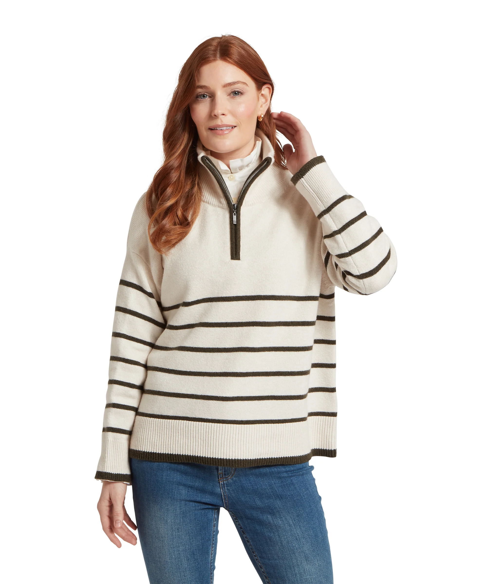 Sandsend Quarter Zip Jumper - Soft White/Loden - Image 3