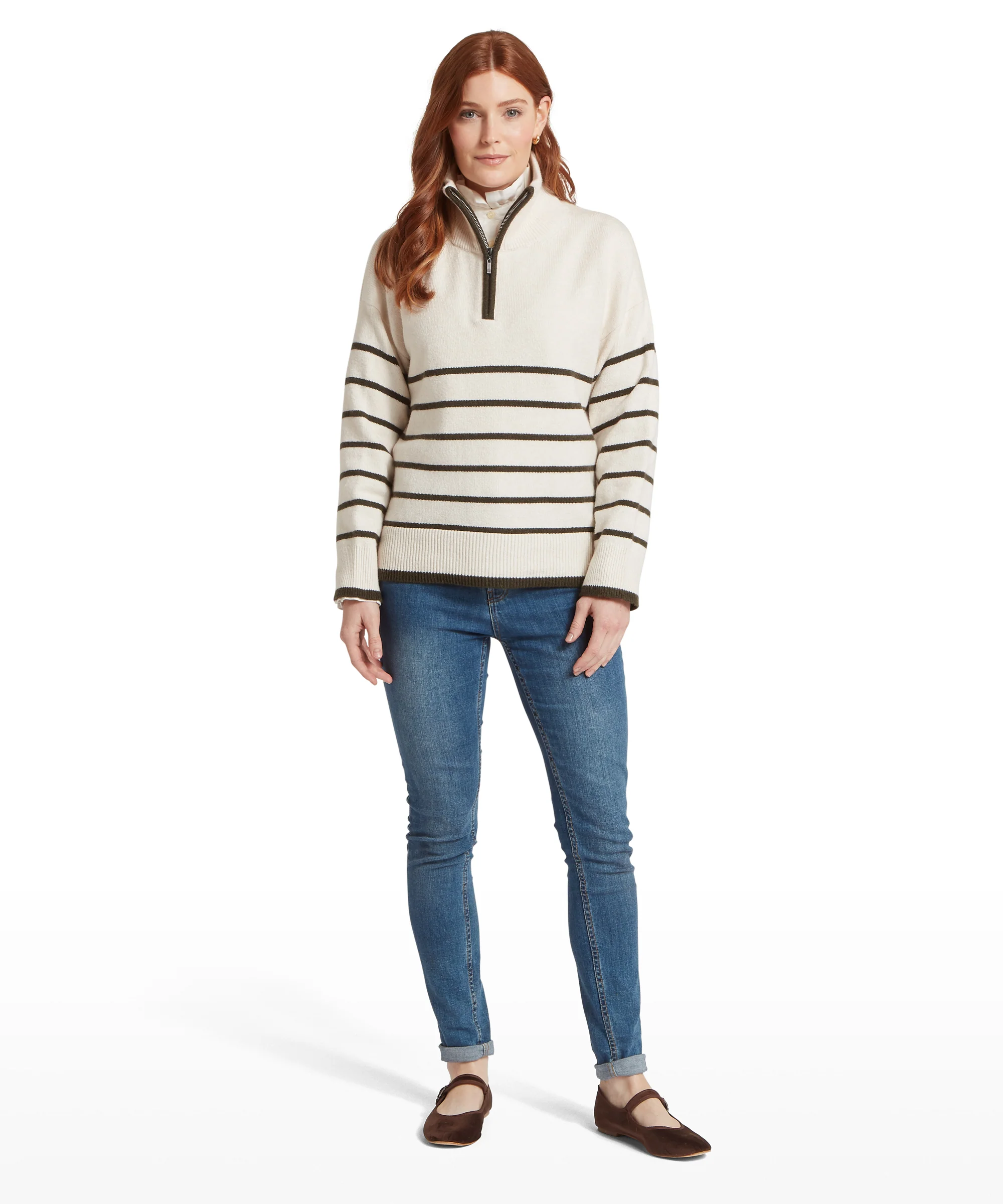 Sandsend Quarter Zip Jumper - Soft White/Loden - Image 4