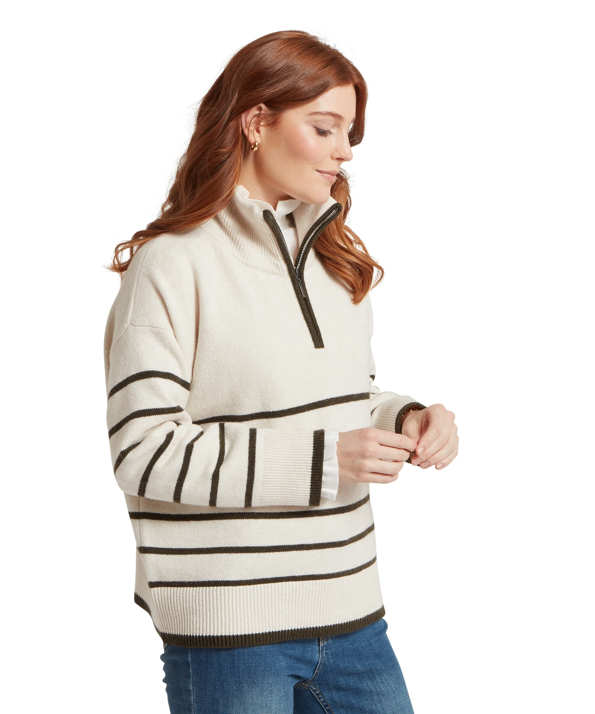 Sandsend Quarter Zip Jumper - Soft White/Loden - Image 5