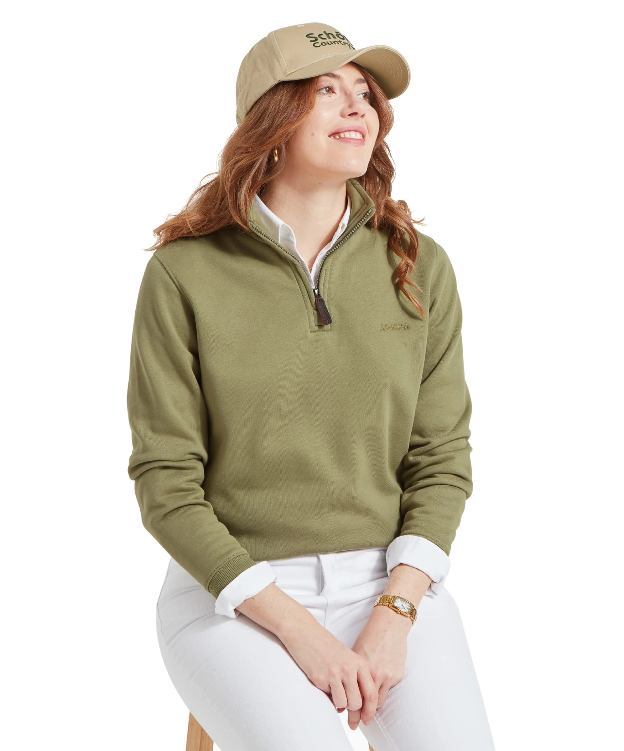 Sennen Cove Quarter Zip Sweatshirt - Light Khaki Green - Image 2