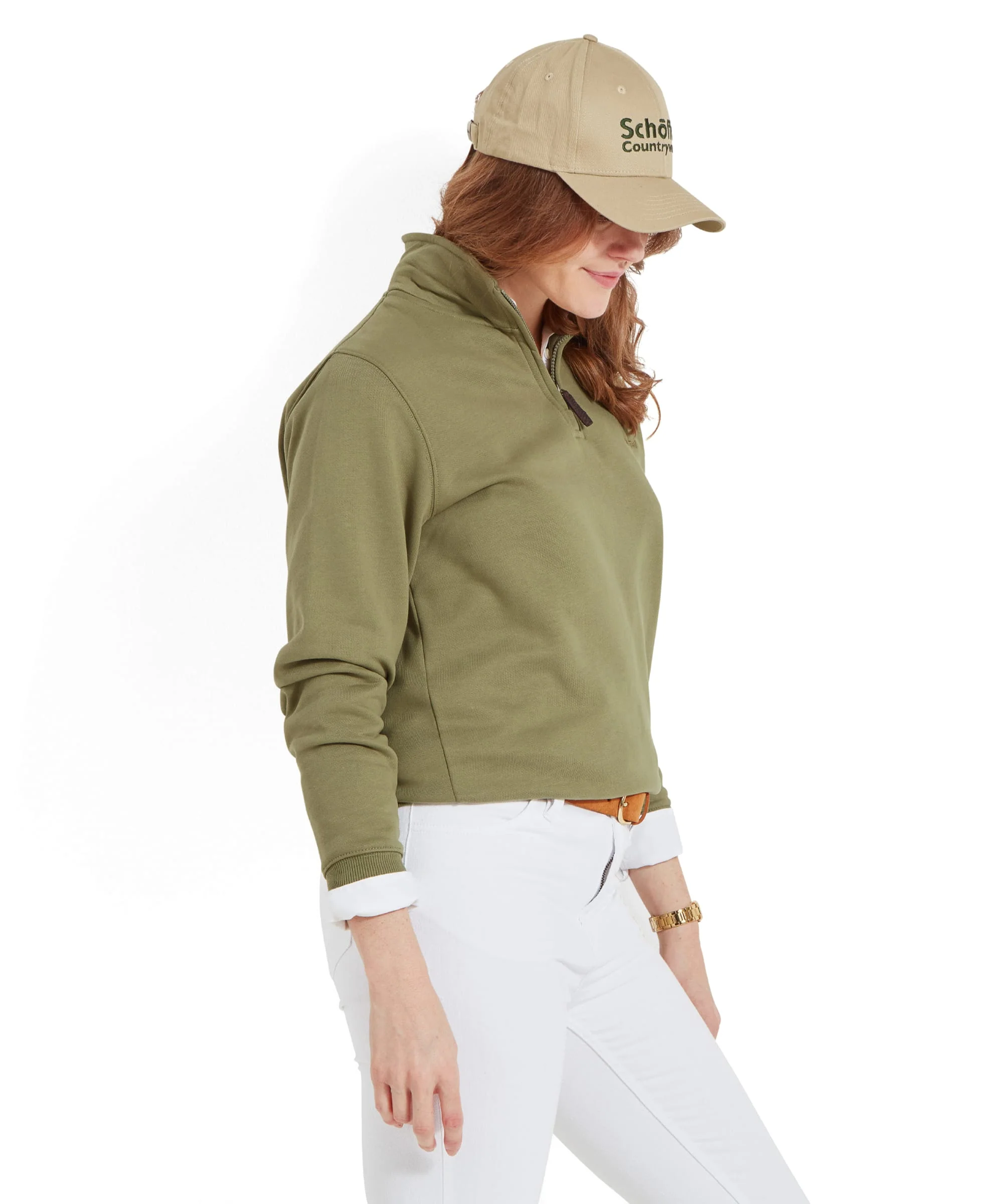Sennen Cove Quarter Zip Sweatshirt - Light Khaki Green - Image 6