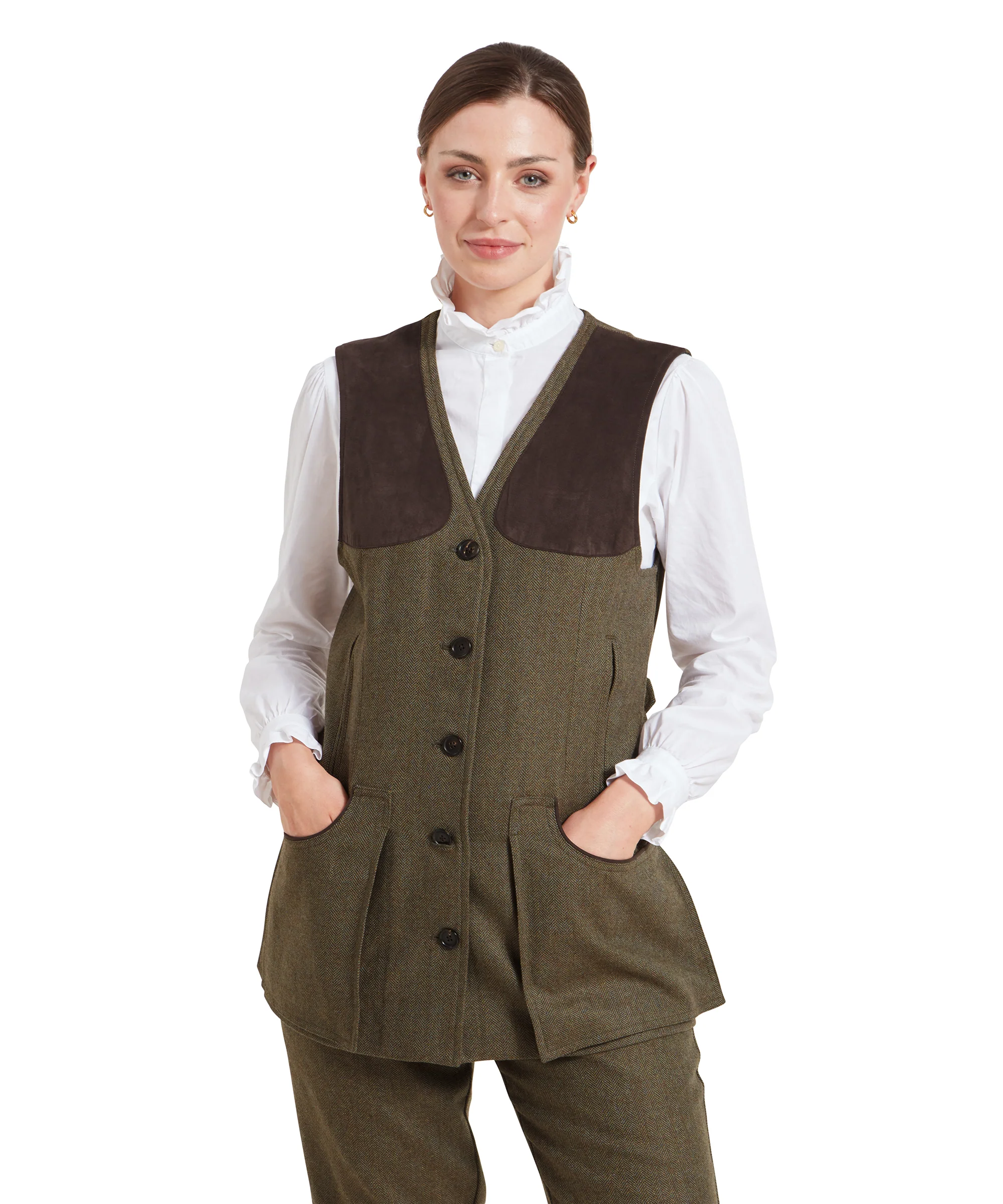 Women's Tweed Shooting Vest - Loden Green Herringbone Tweed - Image 3