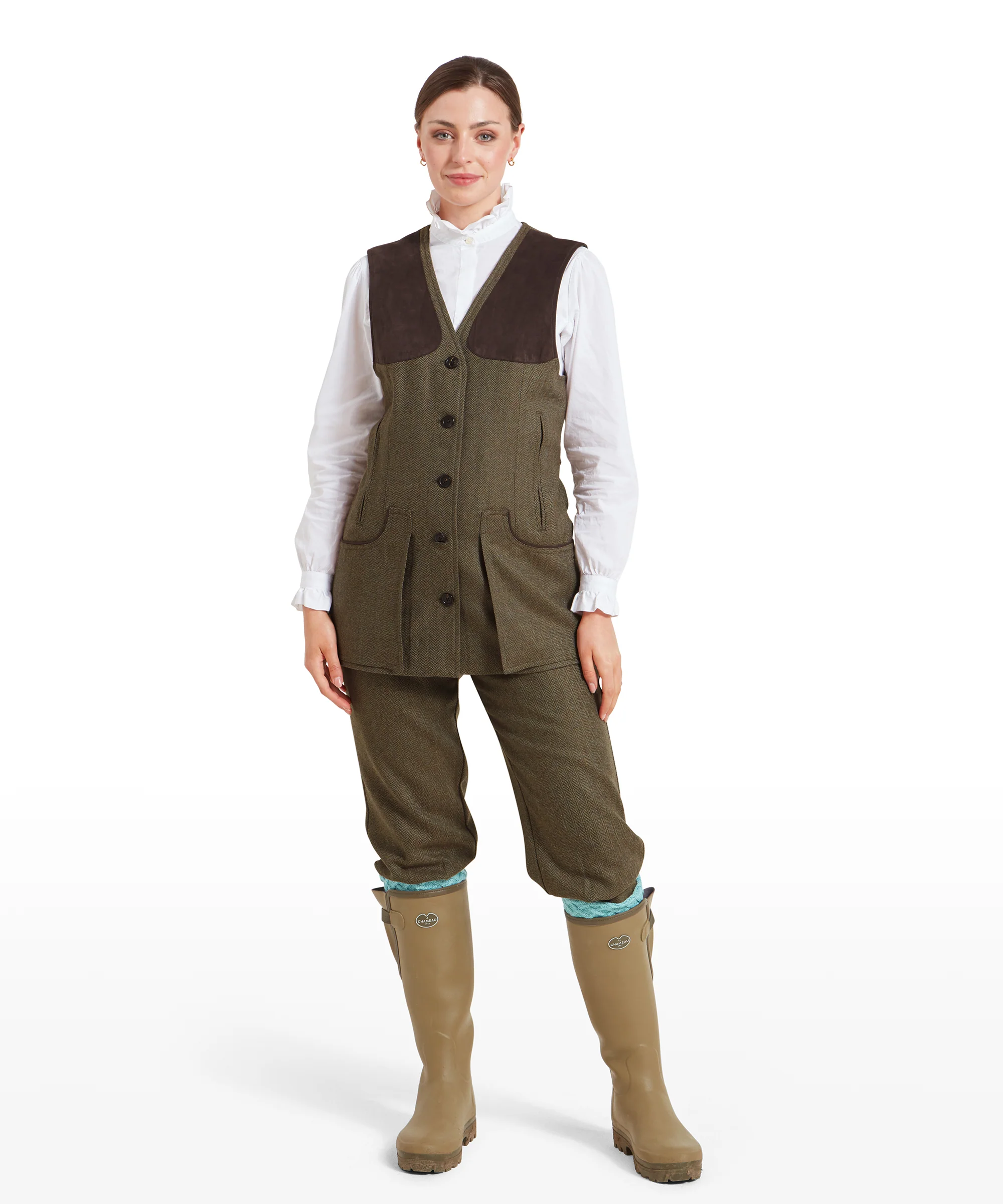 Women's Tweed Shooting Vest - Loden Green Herringbone Tweed - Image 4