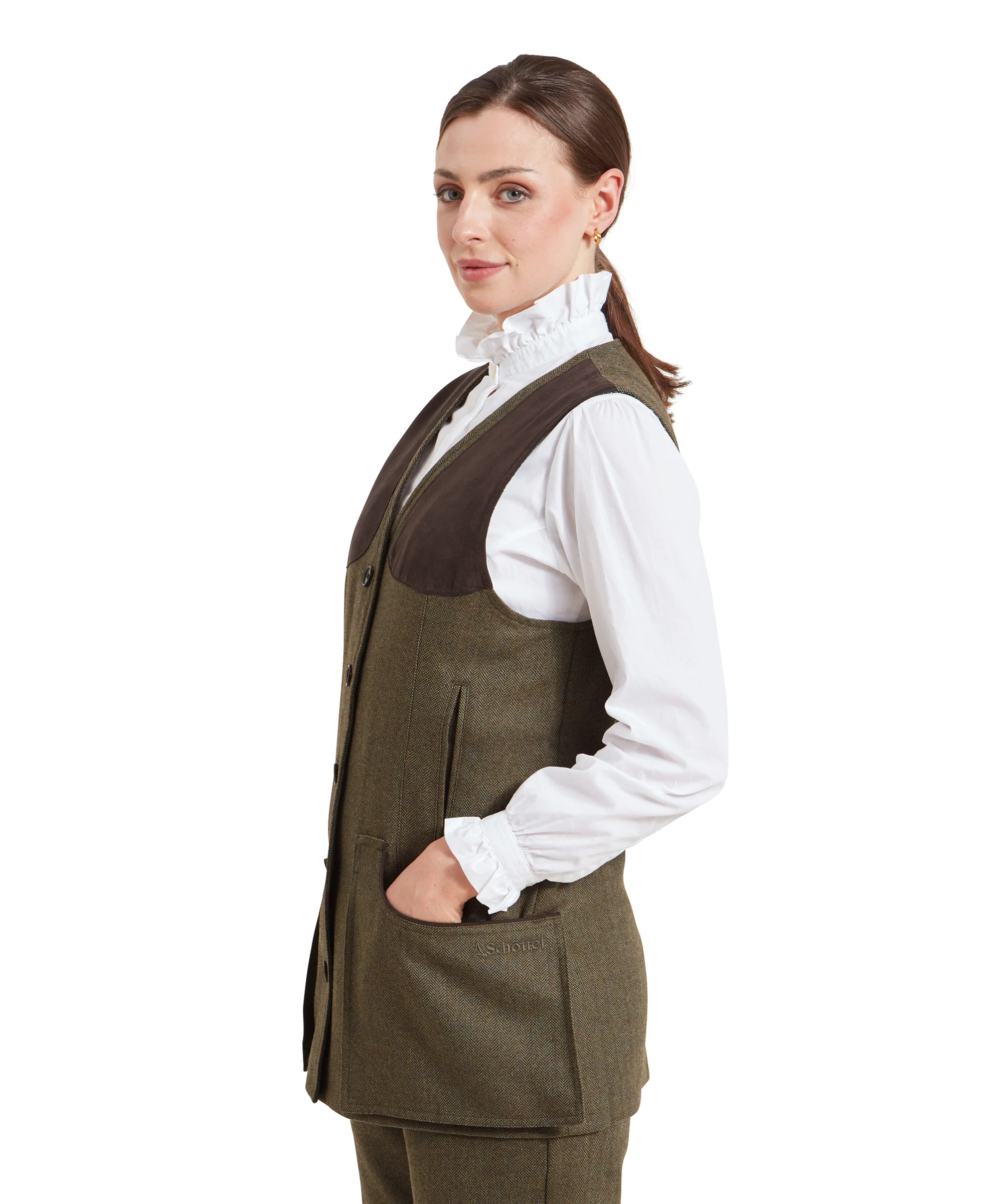 Women's Tweed Shooting Vest - Loden Green Herringbone Tweed - Image 5