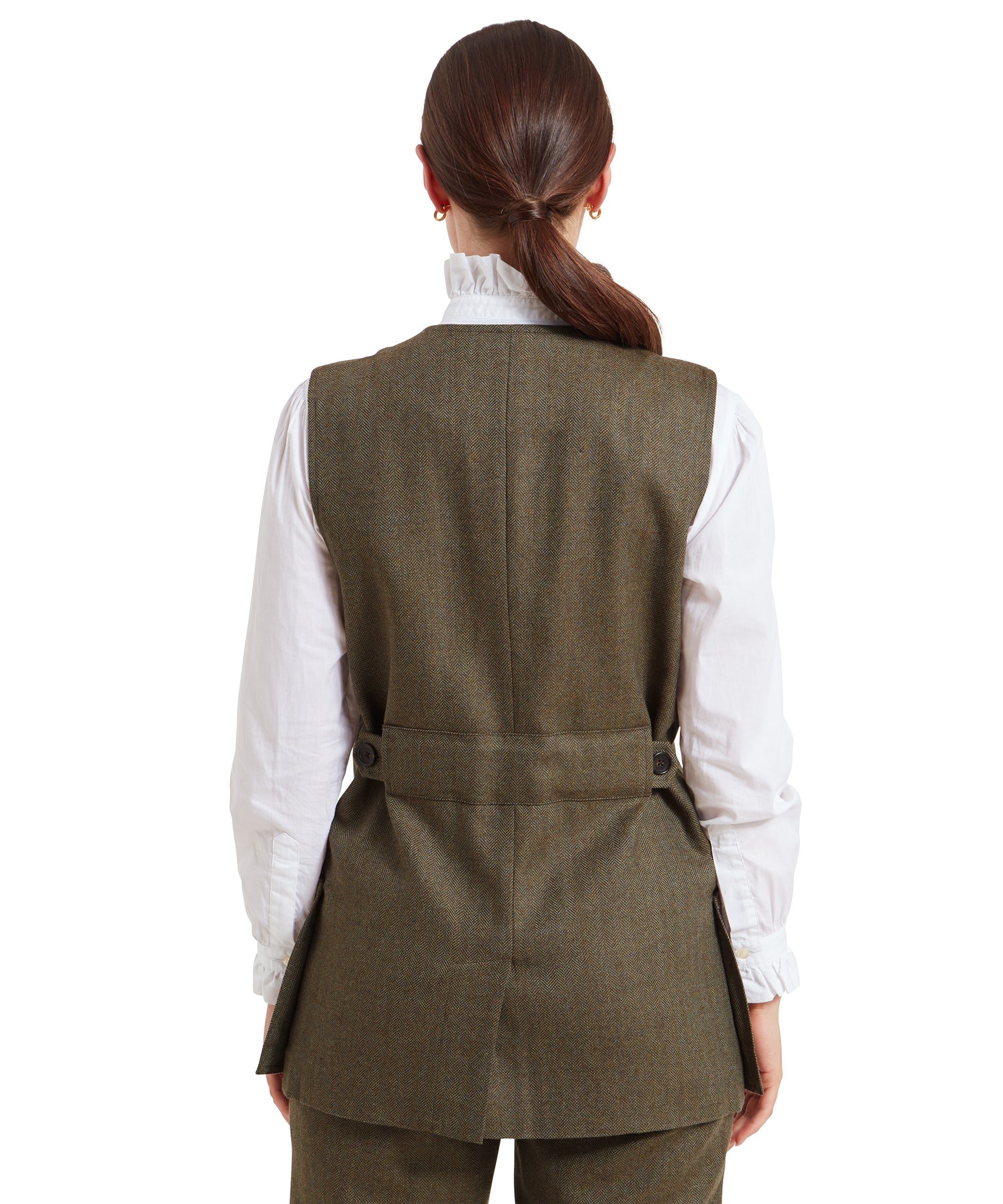 Women's Tweed Shooting Vest - Loden Green Herringbone Tweed - Image 6