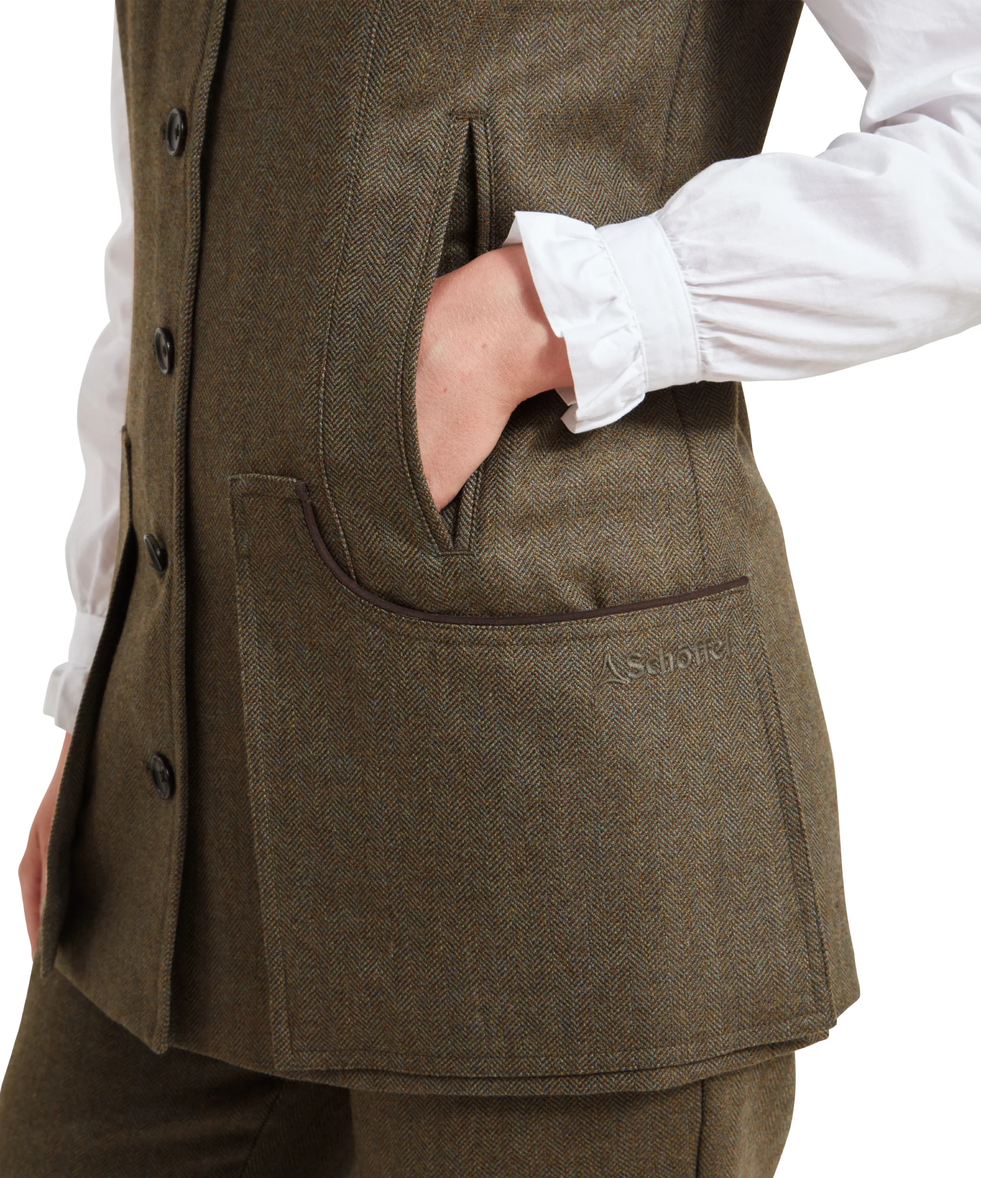 Women's Tweed Shooting Vest - Loden Green Herringbone Tweed - Image 7
